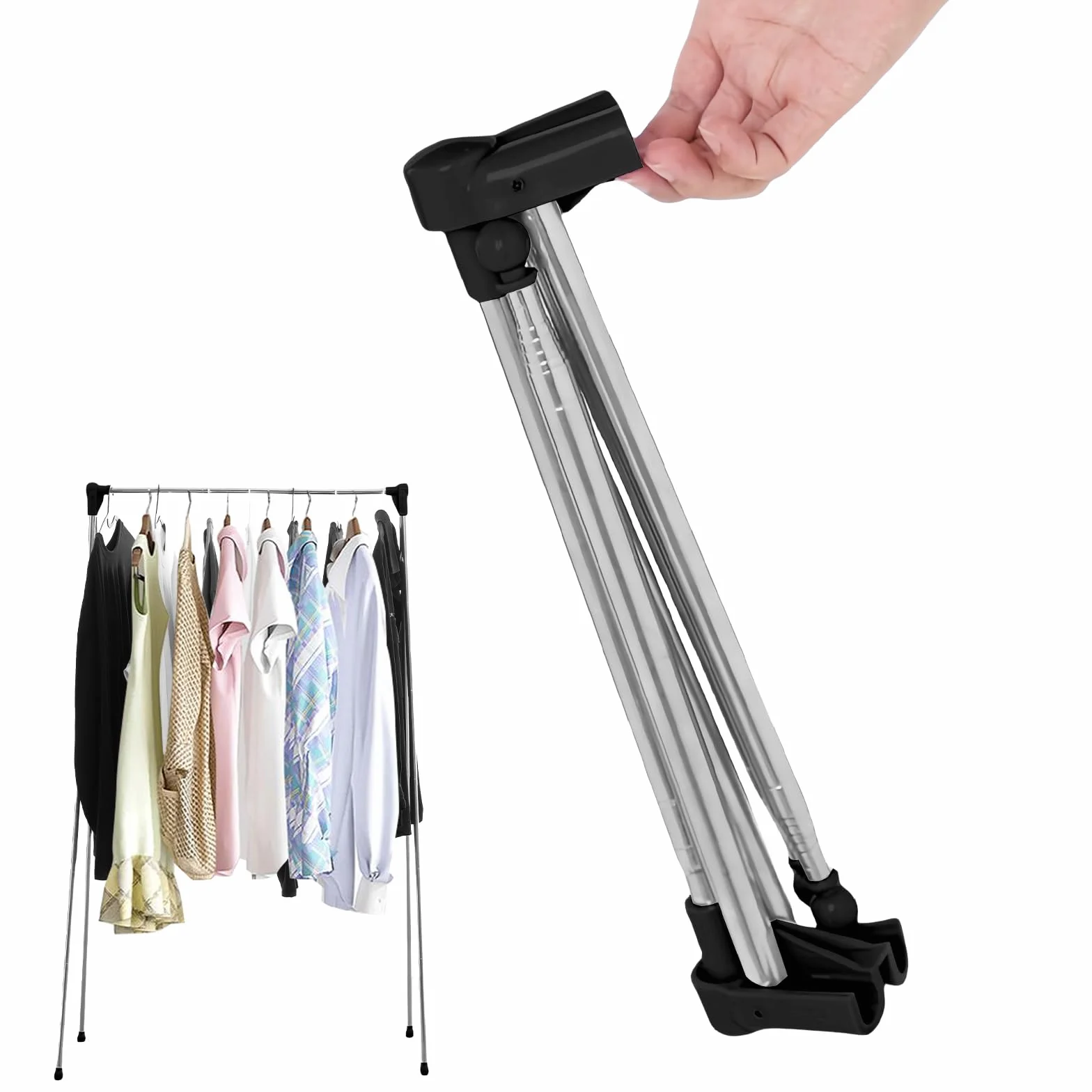 Perchero plegable portátil: Perchero de viaje ajustable de acero inoxidable, secador telescópico de 32-73 cm para viajes, camping, senderismo, ropa en casa, color negro