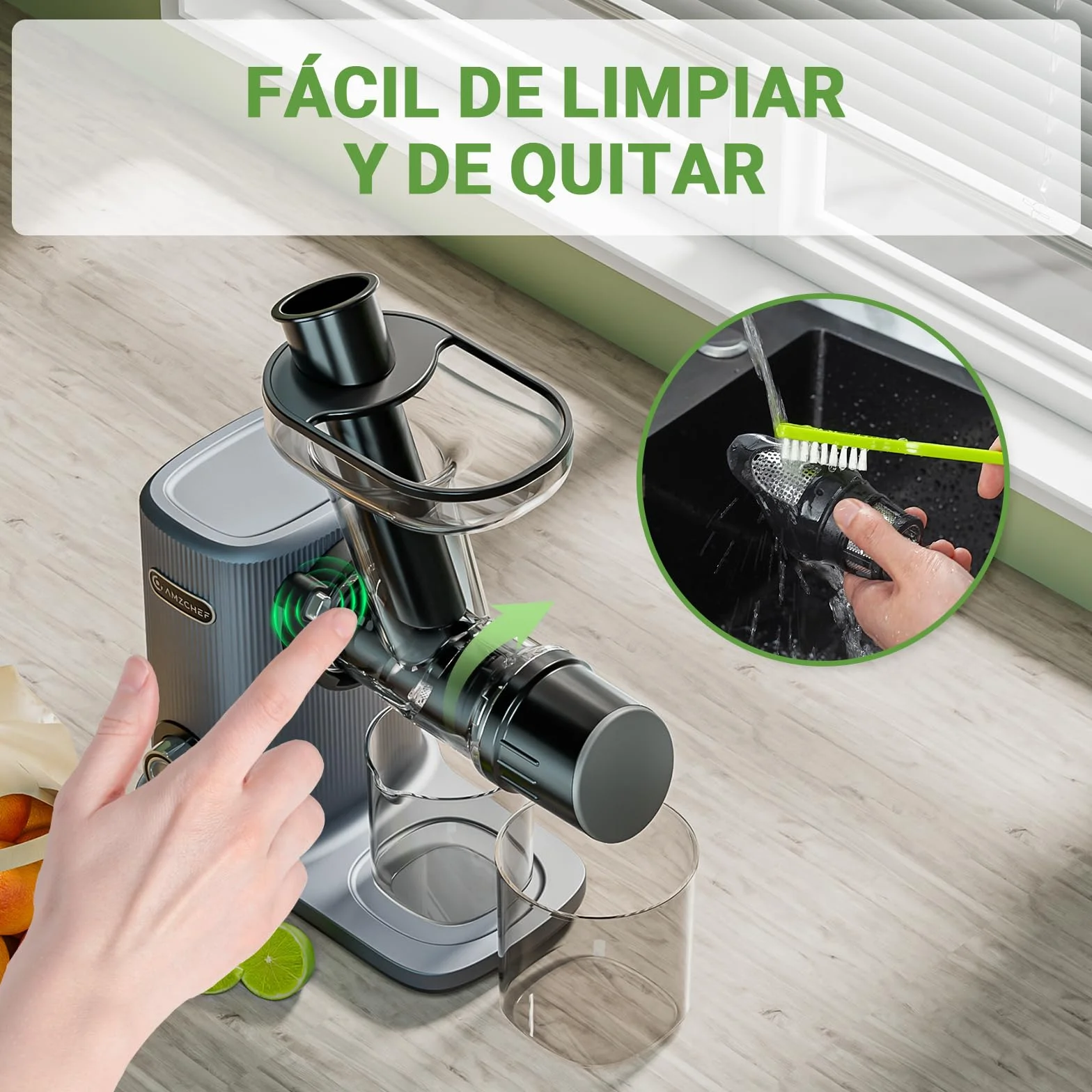 AMZCHEF Juicer Compacto Con Dos Modos De Alimentación Para Uun Uso Fácil - Extractor De Zumos Y Verduras Silencioso De Alta Tecnología Con Masticación Inversa Y Un Rendimiento De Zumo Ultra Alto