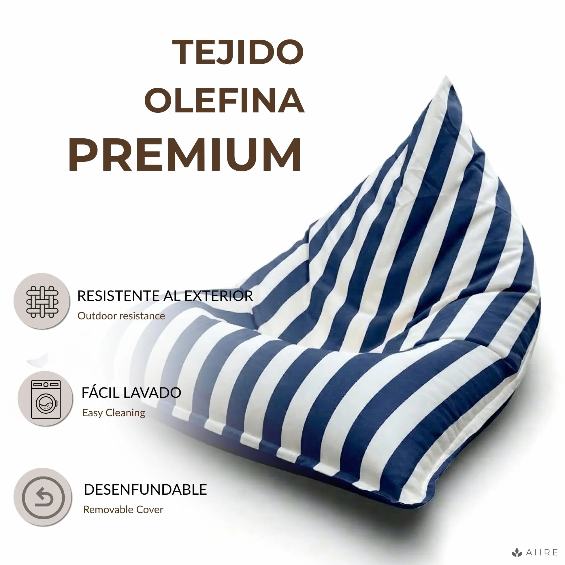 Aiire Puff Exterior Jardín con Relleno Incluido - Tejido Olefina Premium, Desenfundable y Lavable - Sofá Exterior para Playa, Terraza o Piscina - Puff Gigante XXL Azul