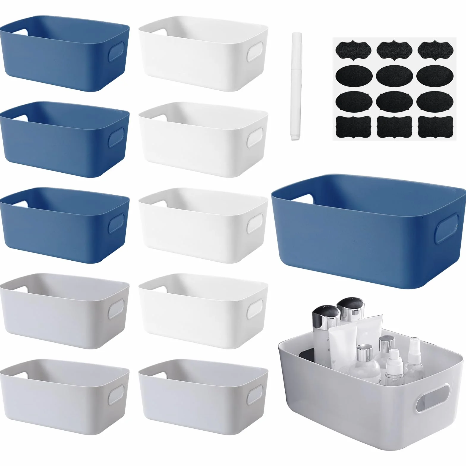 12 Pcs Cestas Almacenaje de Plástico(20 x 14 x6.5cm),Cajas Organizadoras con Asas,Cajones Almacenaje para Cocina,Escritorio,Oficina,Cosmético,Baño.