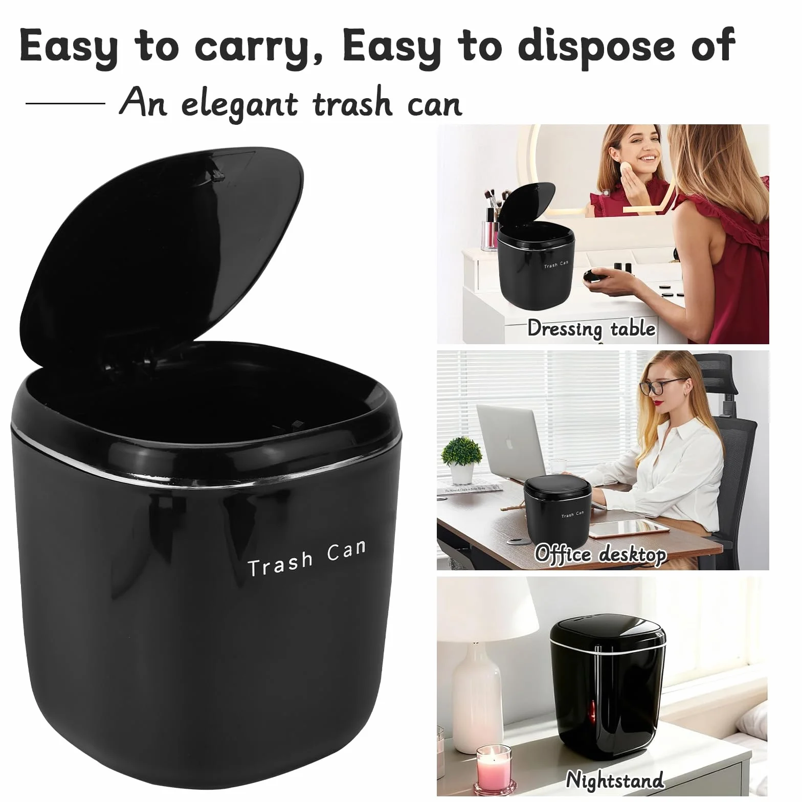 FAELNK Cubo Basura Pequeño Mini Papelera Escritorio con Tapa Negro 2,5 L para Dormitorio Baño Oficina Contenedor de Cosméticos Cenicero con 2 Rollos de Bolsas de Basura