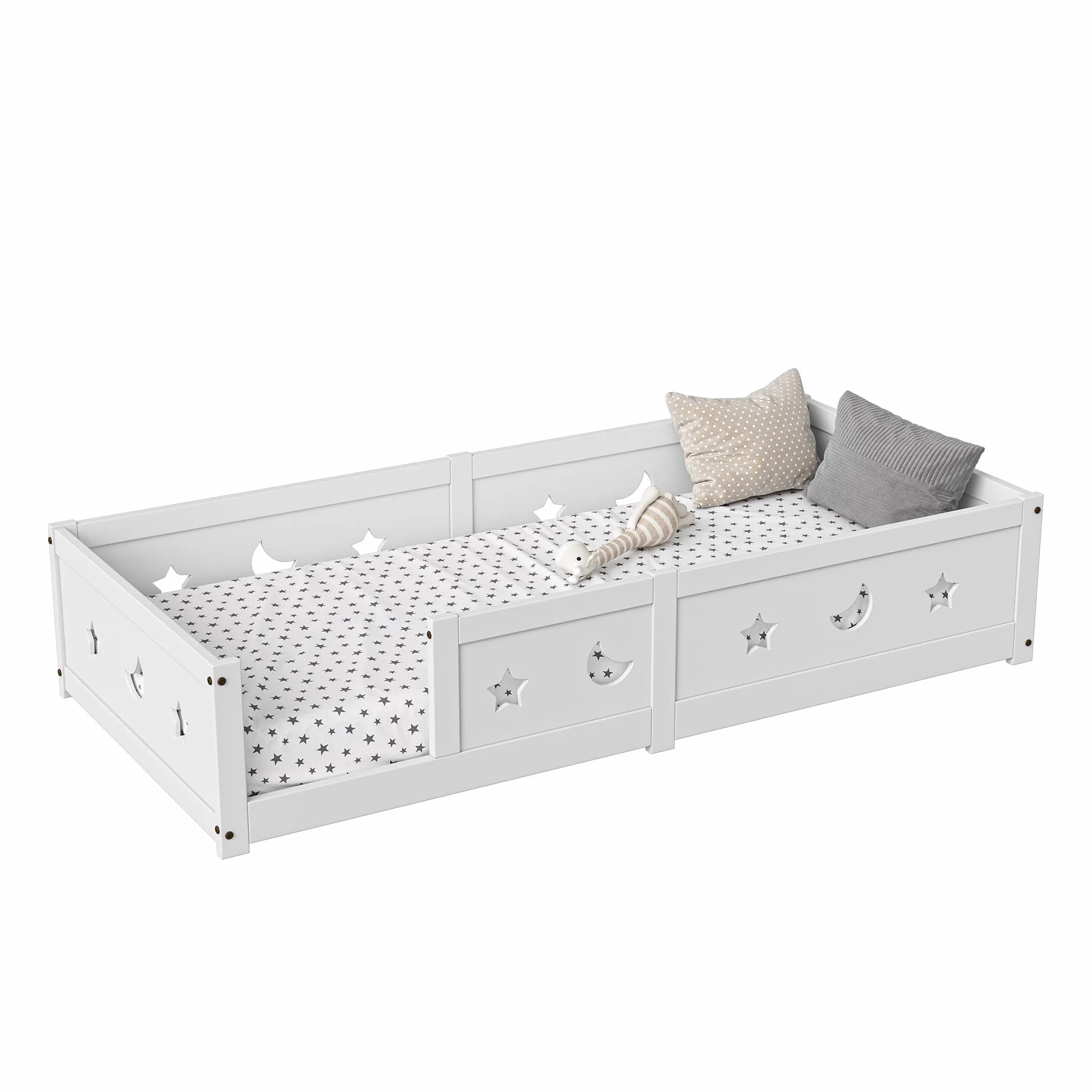 Montessori - Cama de suelo de 90 x 200 cm, con protección anticaída y somier de láminas, diseño de estrellas y luna, cama infantil para niños y niñas, de madera de pino maciza, color blanco (blanco