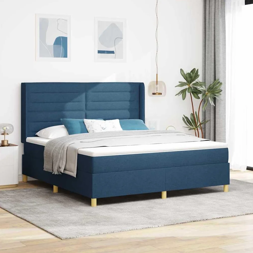 Cama con somier con tiras de luz LED, azul, 180 x 200 cm, tejido ajustable, cabecero de cama de resistencia media, somier de lamas, alimentado por USB, estructura de madera estable, cama de