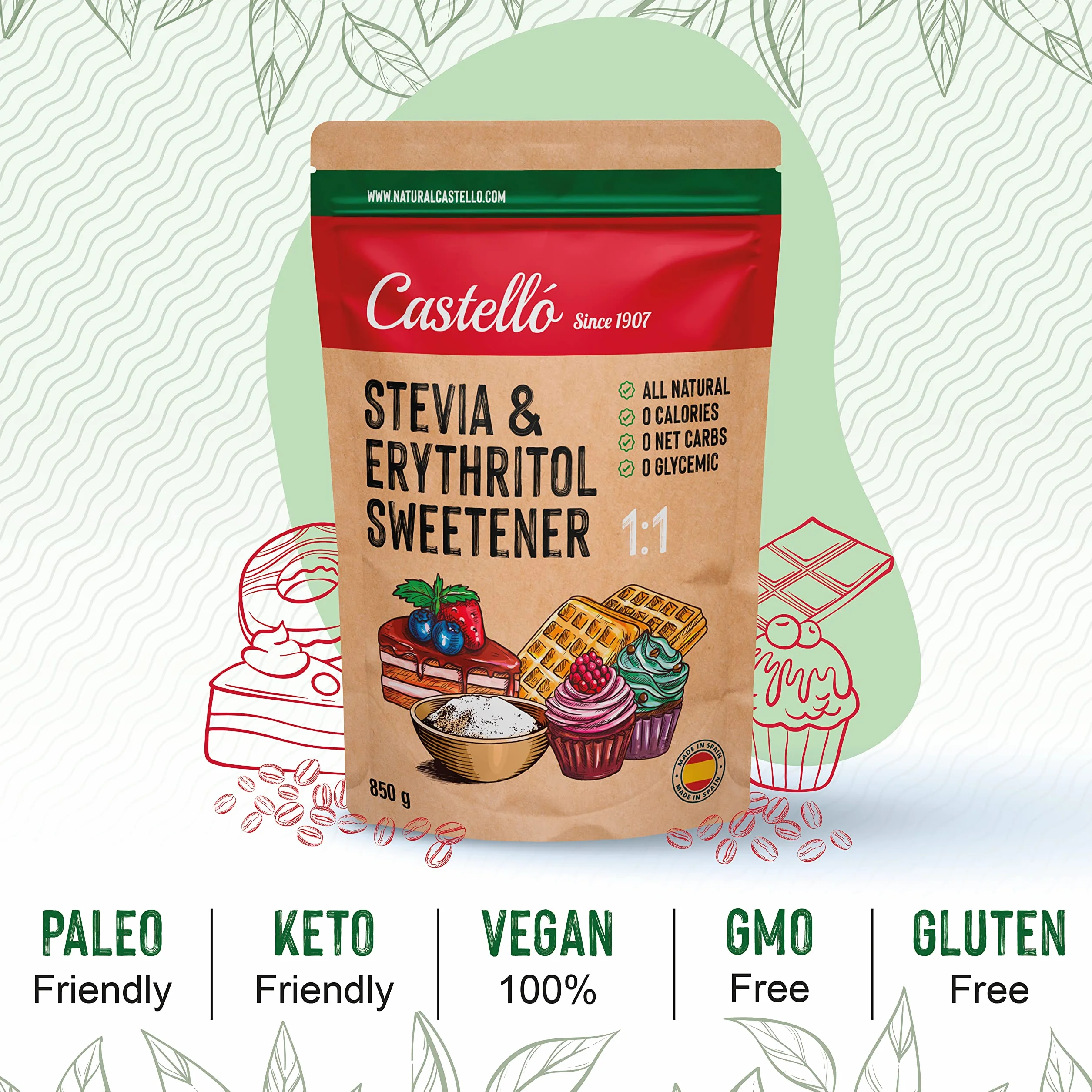 Castello Stevia Eritritol 1:1 850 g Sustituto del Azúcar 100% Natural 0 Calorías Keto Paleo