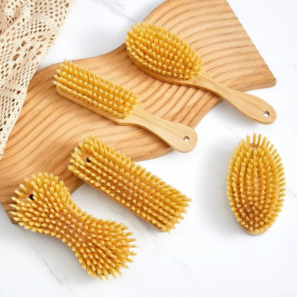 Juego de cepillos de lavandería con mango de madera natural y cerdas de PET para una limpieza suave pero profunda de zapatos de tela y superficies del hogar (E)