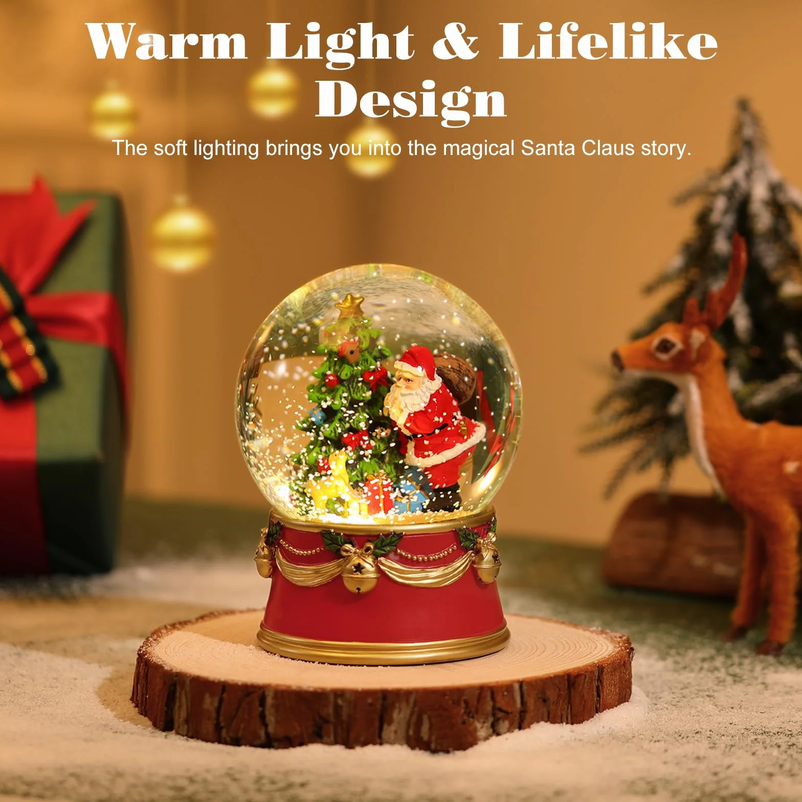 Lewondr Globo de Nieve Navideño, Globo de Cristal Alimentación por Pilas, Globo de Nieve Eléctrico de Papá Noel con Copos de Nieve y Luces, Decoración Navideña para el Hogar, Fiestas, Sobremesa, Rojo