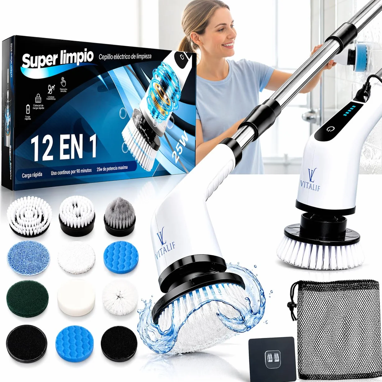 Super Cepillo electrico Limpieza hogar 12 Cabezales, Escoba electrica Limpieza Premium, 2 Velocidades, Batería 2600mah IPX6, Cepillo Limpieza Ducha, Cocina, Limpiador electrico 25W, pulidora Suelos