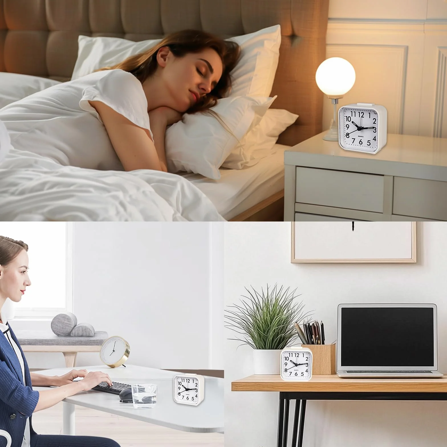 CIMOYBAI 2 Piezas Despertador Analógico Sin Tictac, Despertador Blanco con Luz, Función Snooze, Portátil, Luminoso, Silencioso Pequeño Despertador de Viaje para Dormilones Profundos