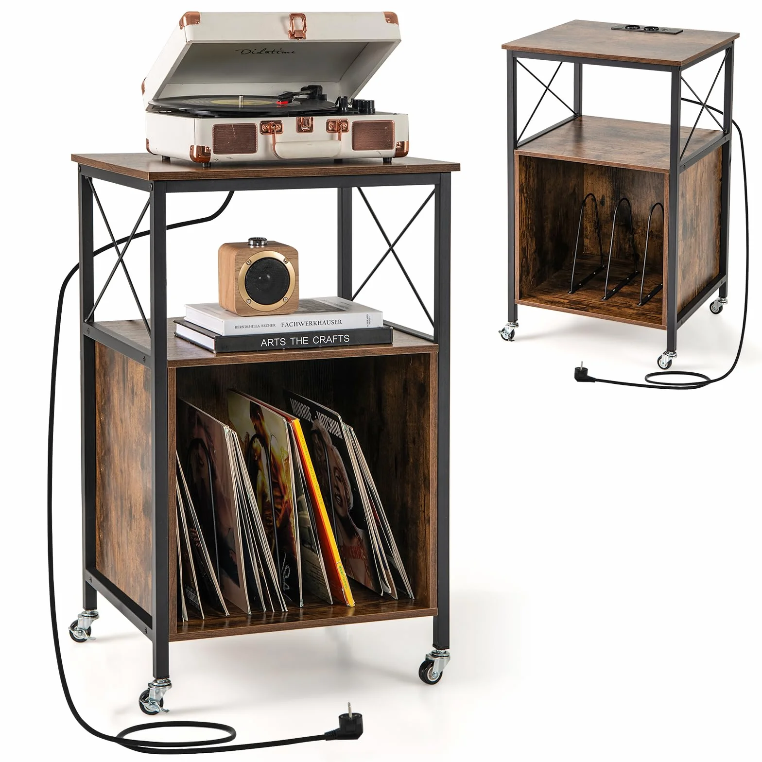 KOMFOTTEU Soporte para Tocadiscos con Estación de Carga, Mesa Auxiliar Vinilo con Divisores Extraíbles y Marco de Metal