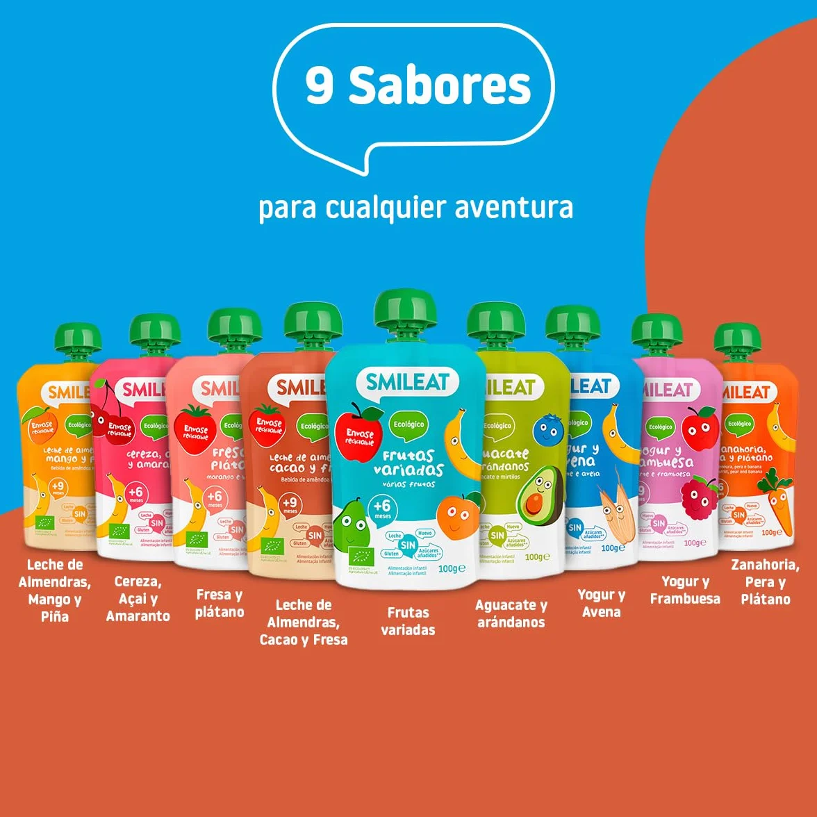 Smileat Pouch de Frutas Ecológicas Sin Sal ni Azúcar Añadido Sin Gluten Snack Práctico para Peques Sabor a Leche de Almendras Cacao y Fresa