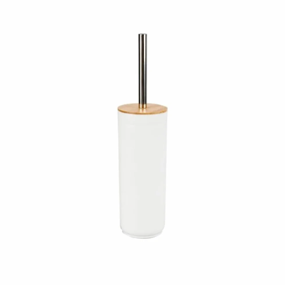 DAMDAM GO - Escobillero Plastico Blanco Palo Acero INOX Tapa Bambu 9,5x40 cm
