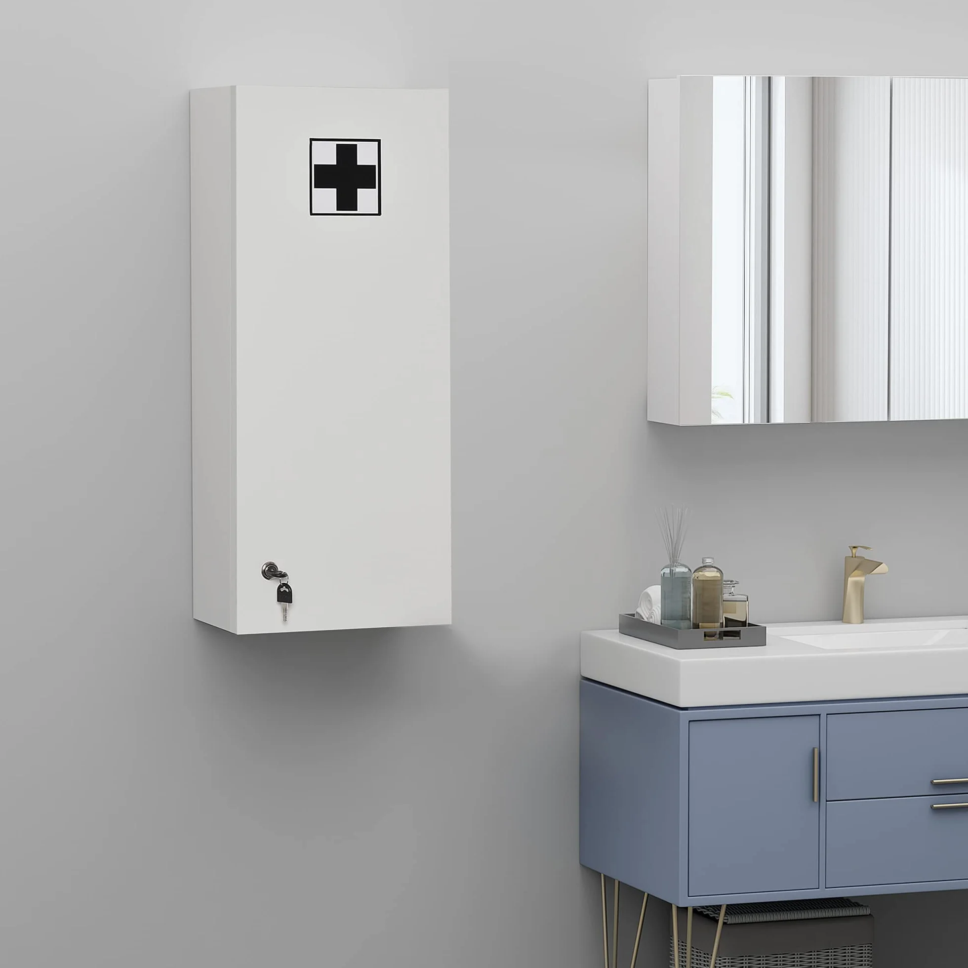 Kleankin Botiquín de Pared Primeros Auxilios 5 Niveles Estantes Ajustables Vidrio Cerradura 30x20x70 cm Blanco