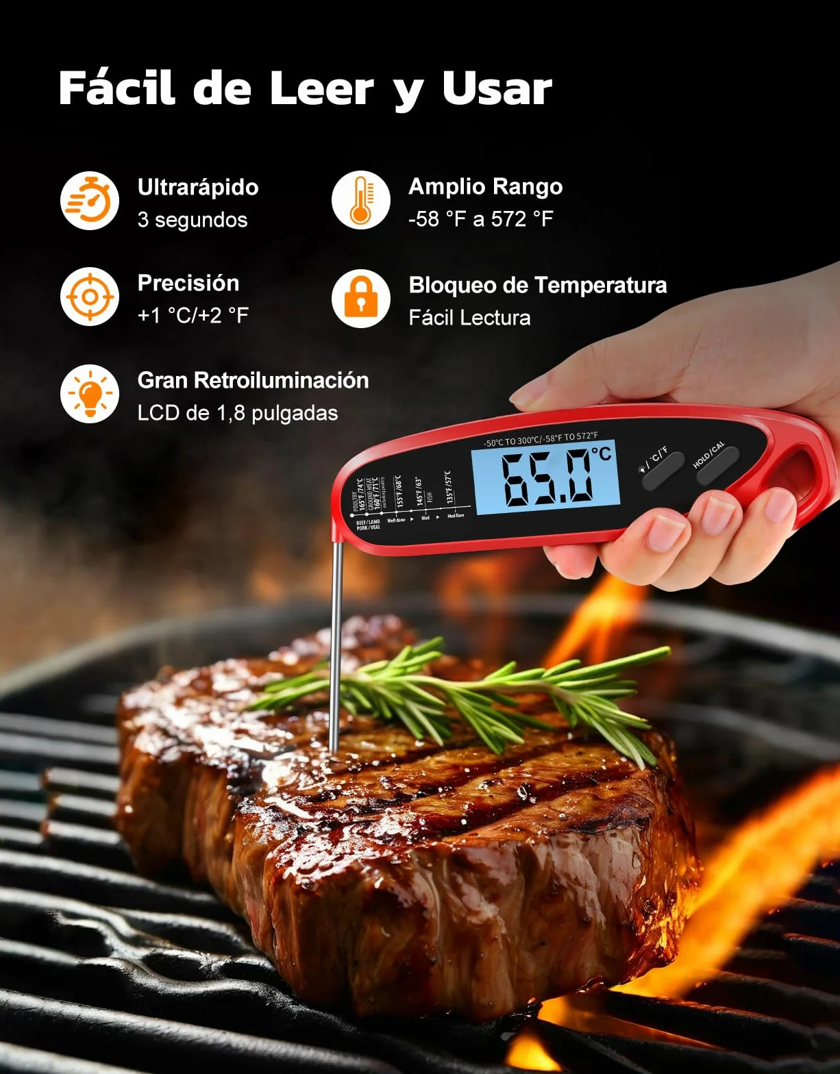 Babacom Termometro Cocina Digital Lectura Instantáneo, Meat Thermometer con 2 Sondas,Calibración y Pantalla Retroiluminada. Termómetro Carne Ideal Para Vino y Cerveza,Horno,Parrilla y Freidora de Aire
