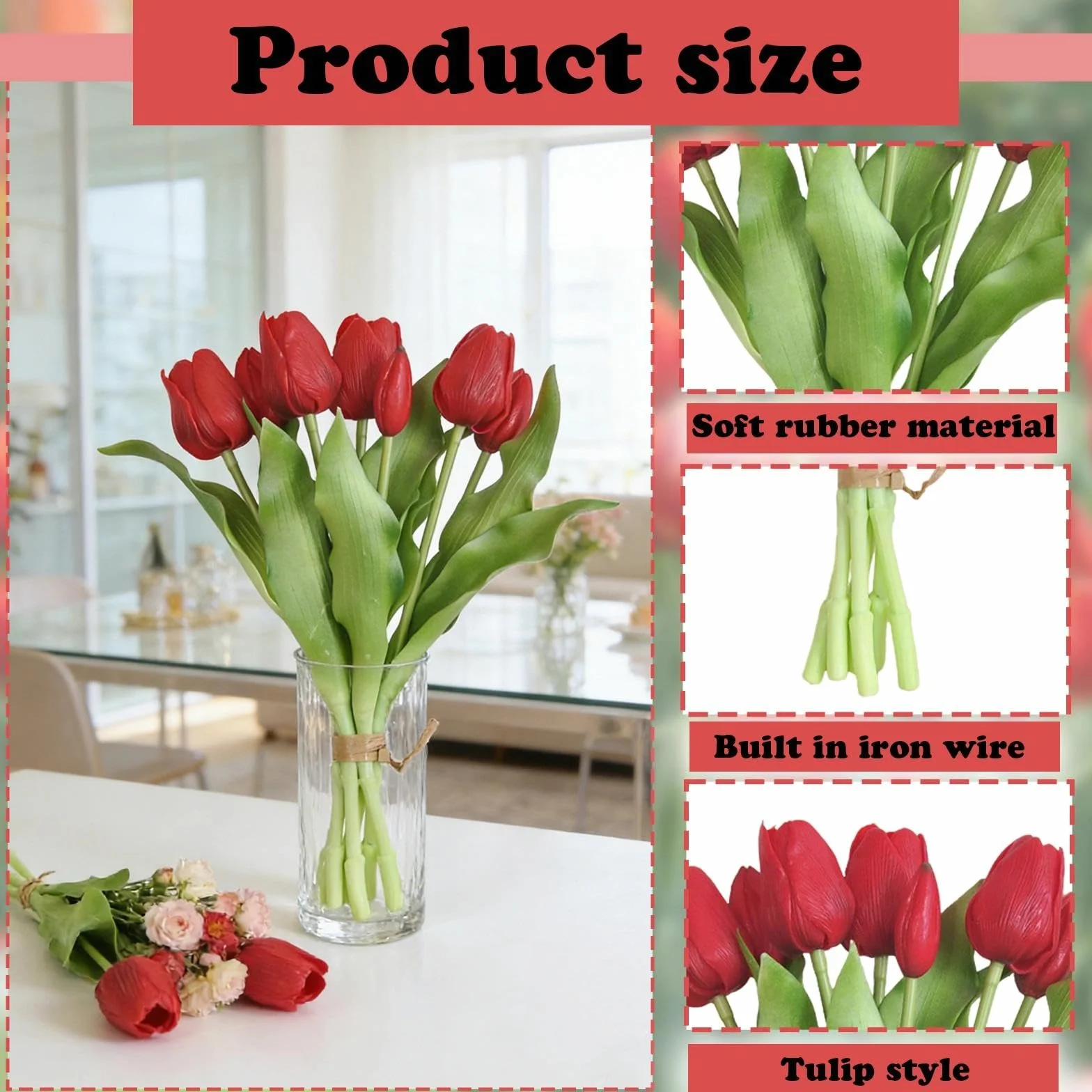 Flores Artificiales Tulipanes Ramo Planta Artificial Decoracion para Mesa Fiestas Hogar (Rojo)