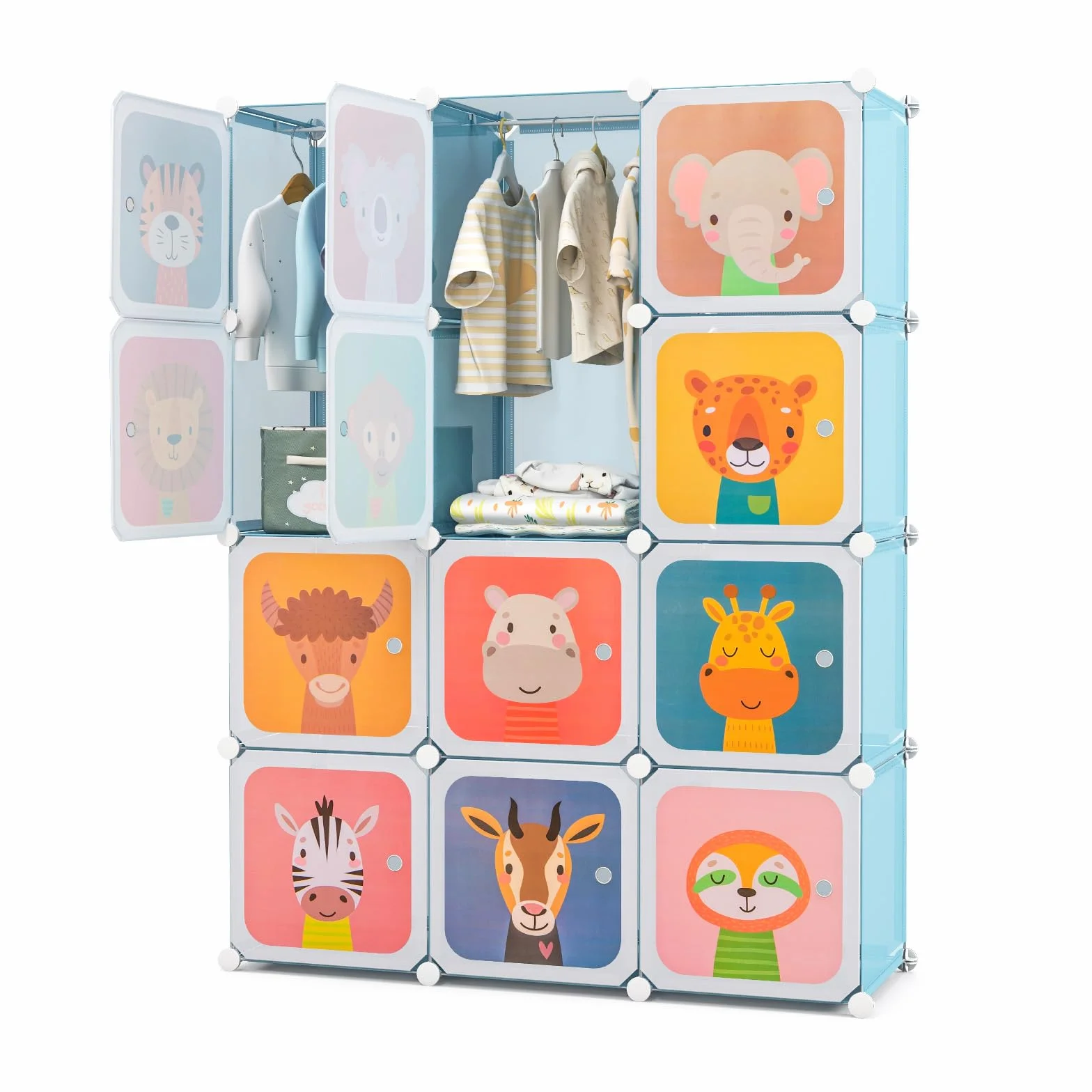 RELAX4LIFE Armadio Modulare a 12 Cubi per Bambini con 2 Barre Appendiabiti, Mobile Salvaspazio per Cameretta, Portata 10 KG per Cubo, Azul Animal