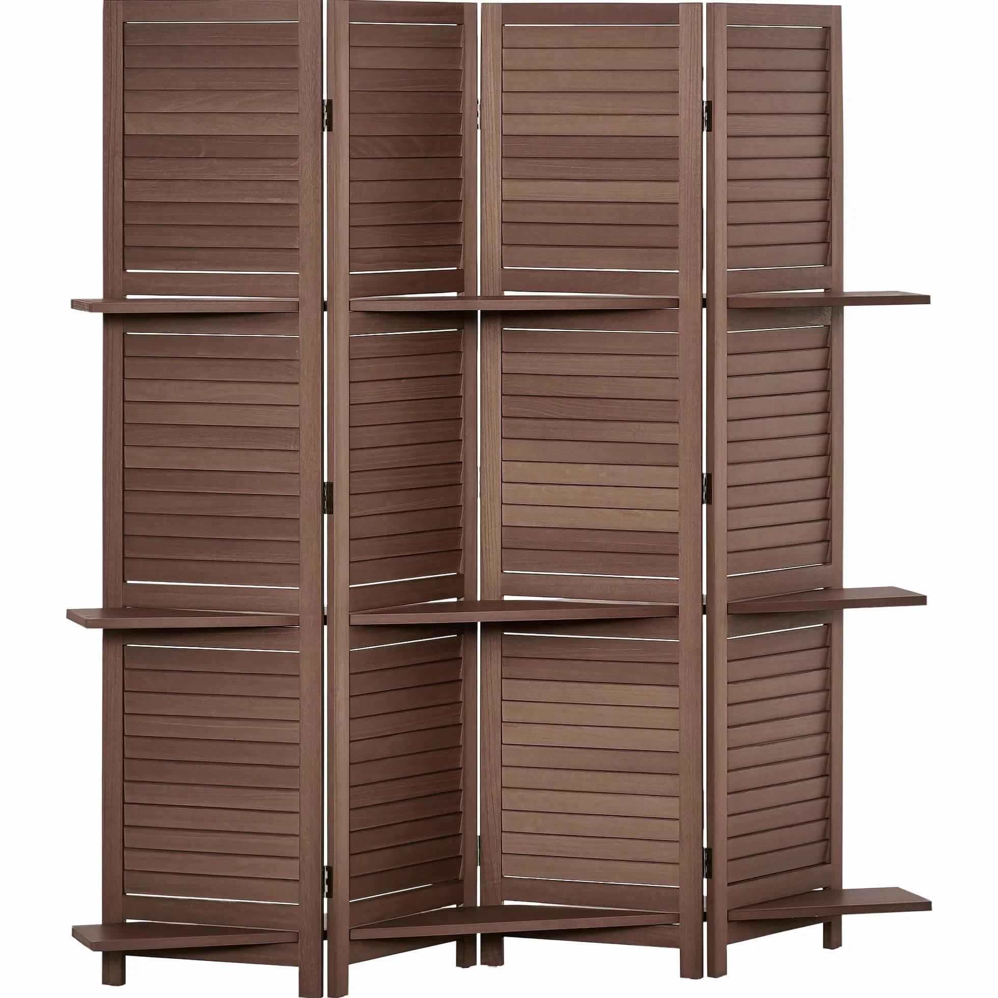 HOMCOM Biombo Plegable de 4 Paneles de Madera, 162x170 cm, Biombo Separador de Ambientes con 3 Estantes, Diseño de Persianas, Decoración para Dormitorio, Salón, Nogal