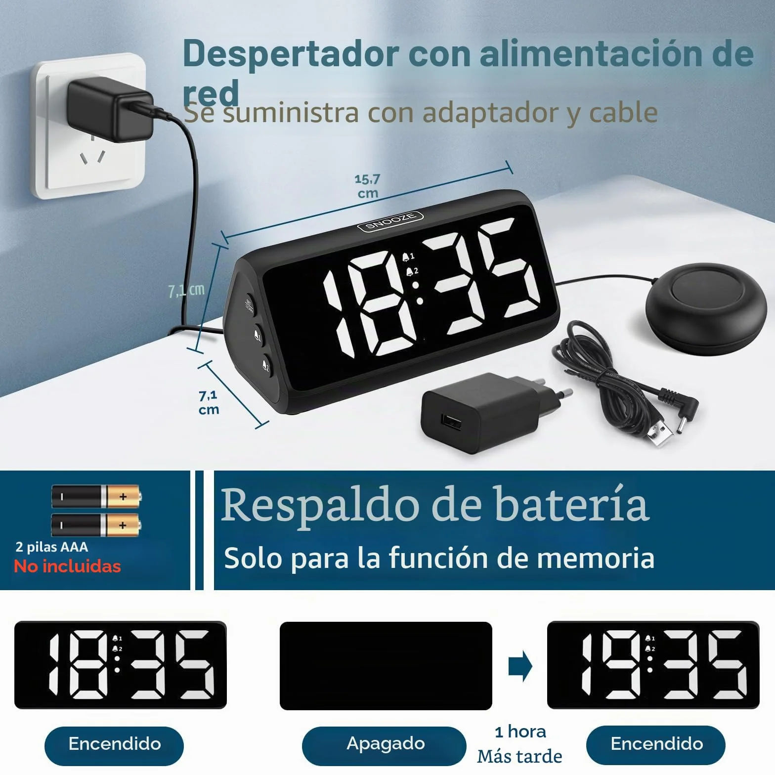 Despertador fuerte para durmientes profundos, despertador fuerte con vibración, doble alarma, pantalla LED, 5 niveles de brillo, 4 niveles de volumen, snooze, despertador vibrante para ancianos