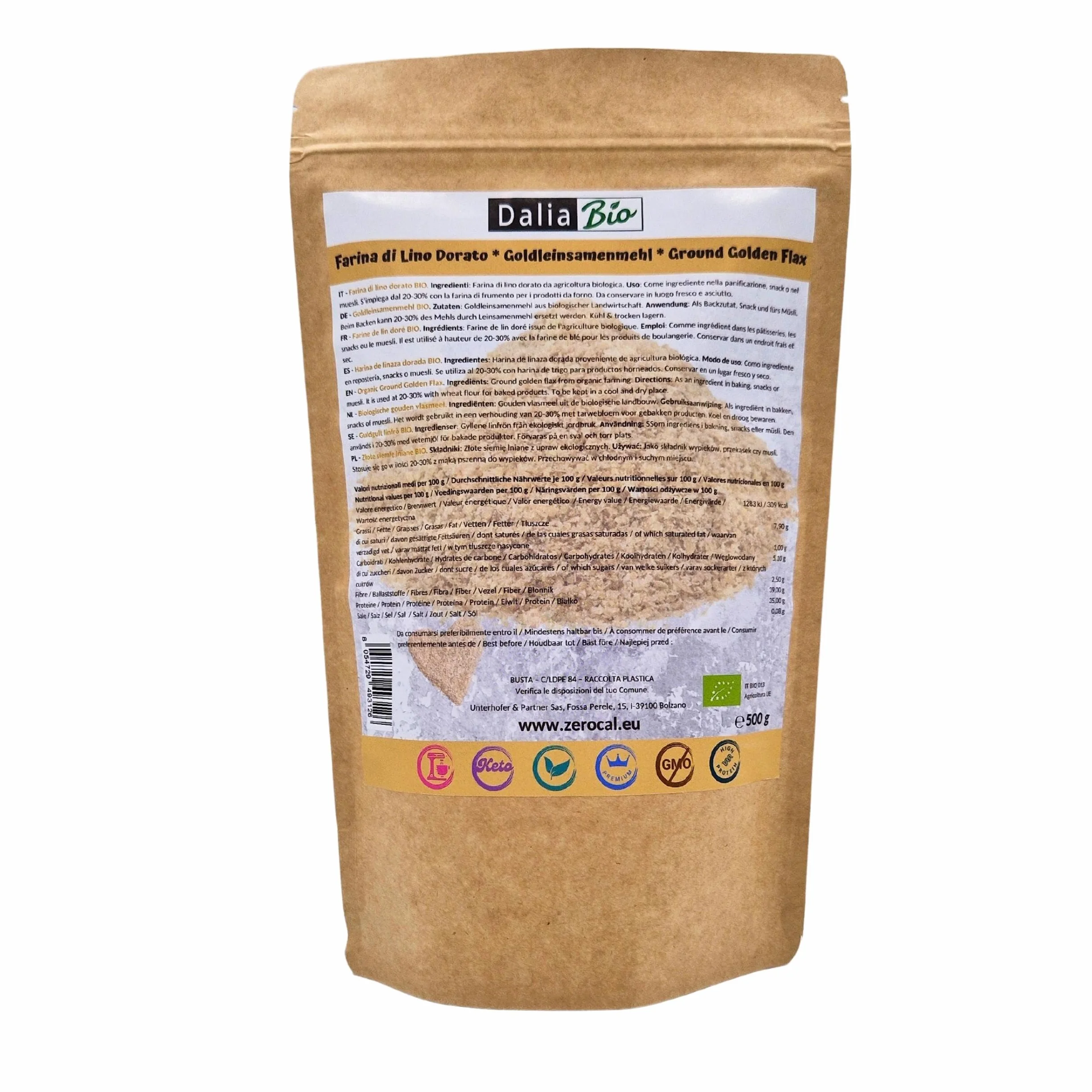 Harina de Lino Orgánica 500g Dalia - Semillas de Lino Dorado Molido, Bajo en Carbohidratos, Rica en Omega 3 y Fibra, Vegano y sin Gluten, 35% Proteína