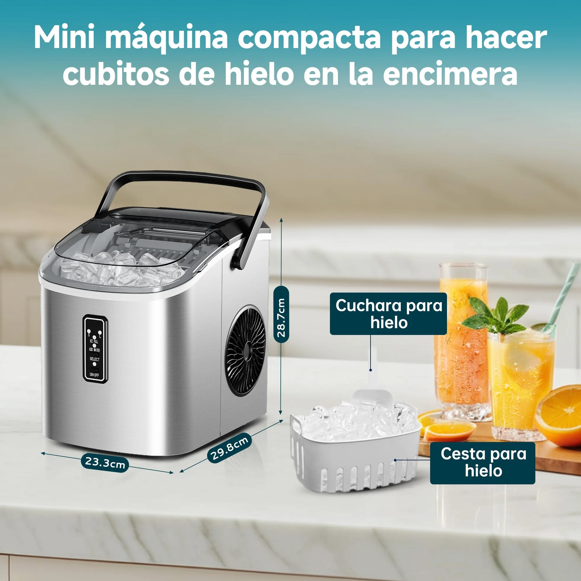 EUHOMY Máquina de Hielo 12Kg/24H Autolimpiable, 9 Cubos en 6 Minutos, Plateado