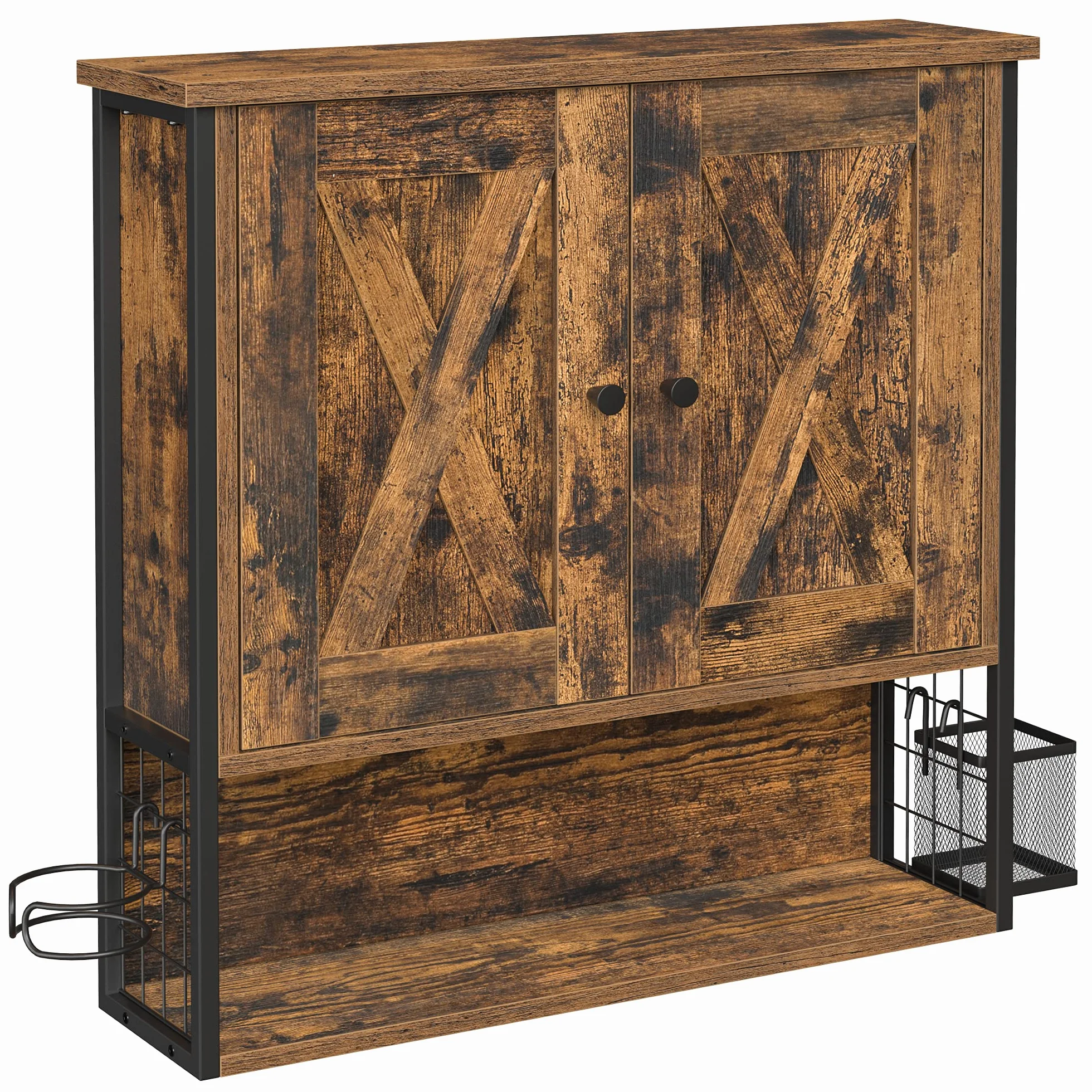 VASAGLE Armario de Pared, Armario de Baño, 2 Puertas, con Estante Ajustable, Porta Secador de Pelo, Cesta, Estilo Industrial, Marrón Rústico y Negro BBK123B01