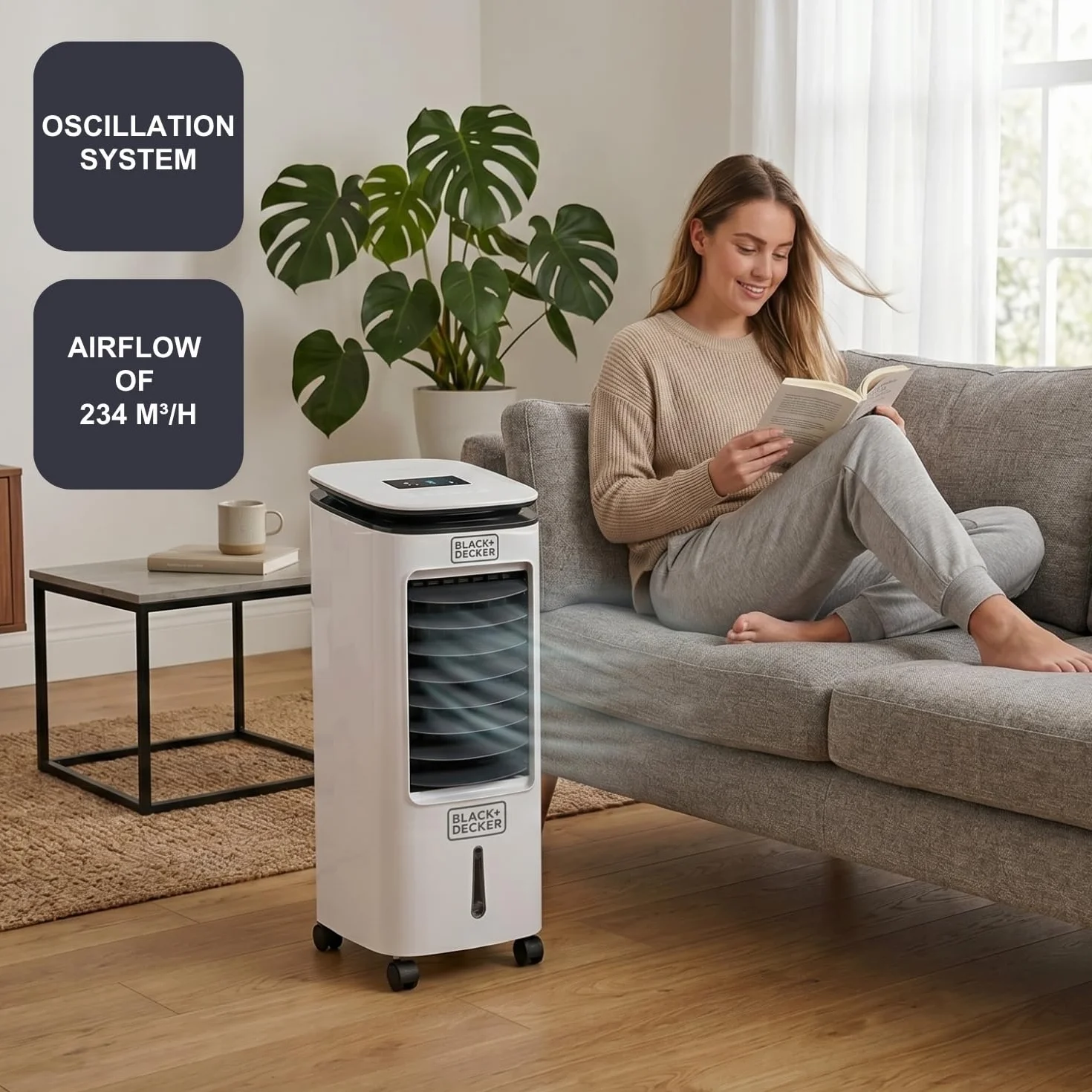 Black+Decker BXAC7E – Ventilador Humidificador Y Purificador | Climatizador | Control Remoto | Oscilación | 3 Velocidades Y Modos | Depósito 7L | 2 Contenedores De Hielo | Caudal 234 m³/h | Blanco