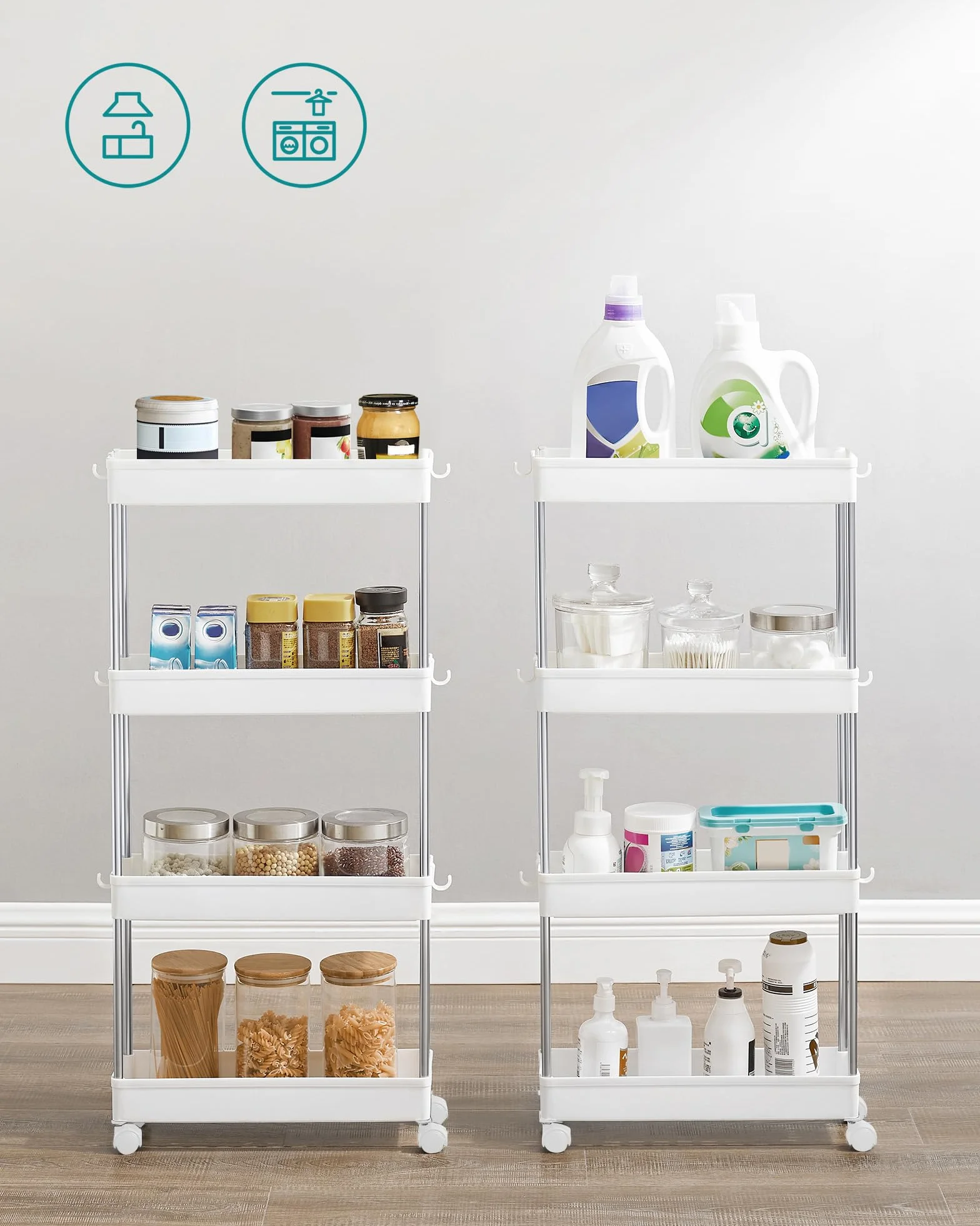 SONGMICS Carro de Almacenamiento de 4 Niveles, Carrito con Ruedas, Carro de Cocina, Ahorro de Espacio, para Baño, Oficina, 14,4 x 42 x 86 cm, Blanco Nube KSC08WT