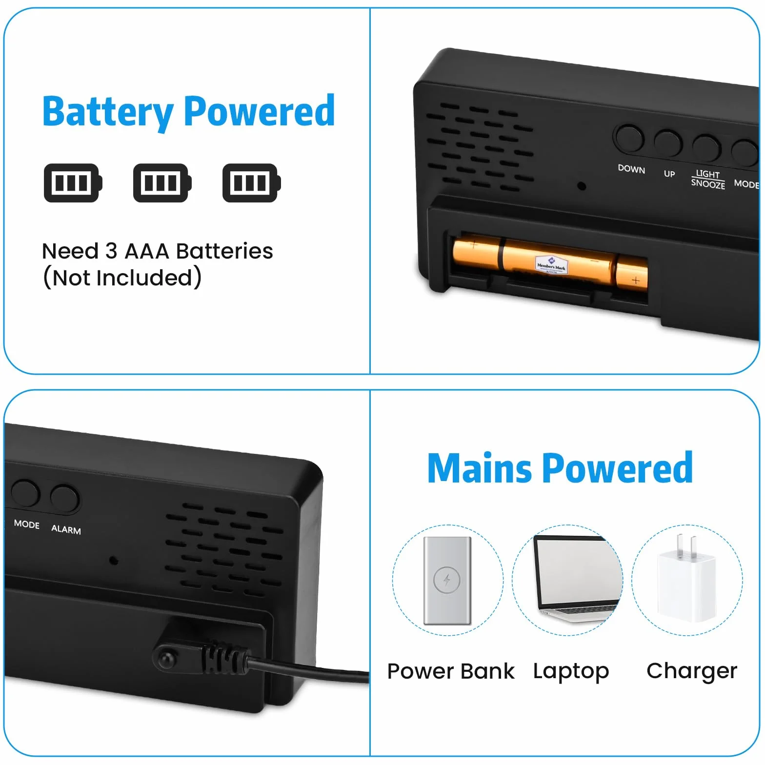 Reloj Despertador Digital, Reloj Digital Sobremesa Pantalla LED Grande Despertador Inteligente Alimentado por USB/Batería con Tiempo Fecha Temperatura Siesta Brillo Ajustable, Luz Blanco