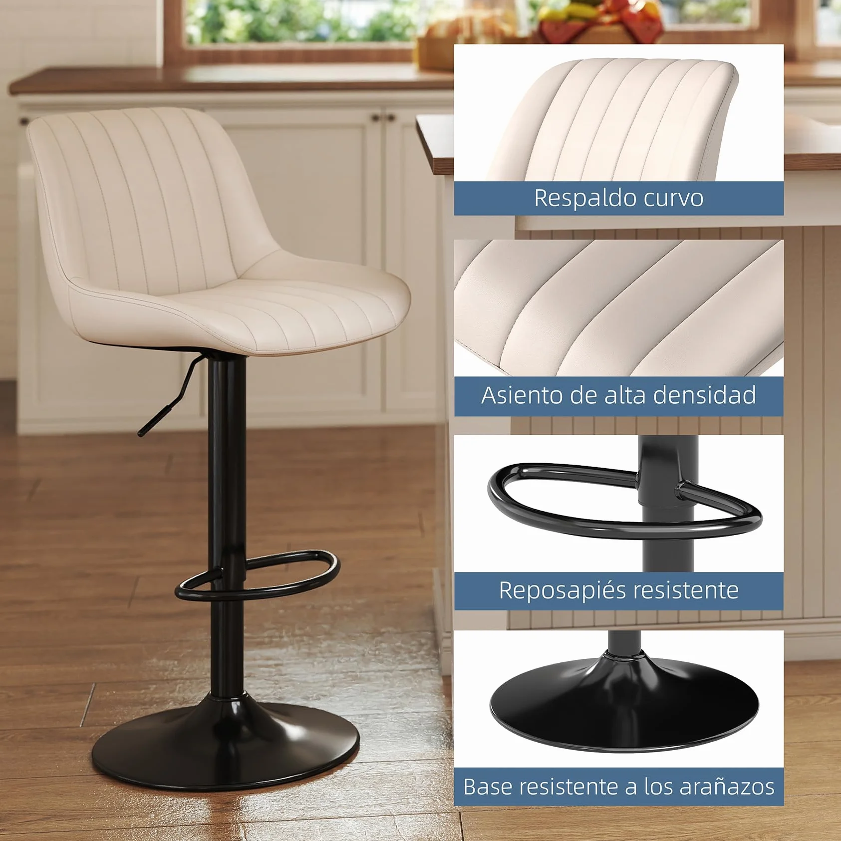 Youhauchair Taburetes Altos de Cocina Juego de 3, Taburete de Bar Giratorios Ajustable, Cuero PU, Beige