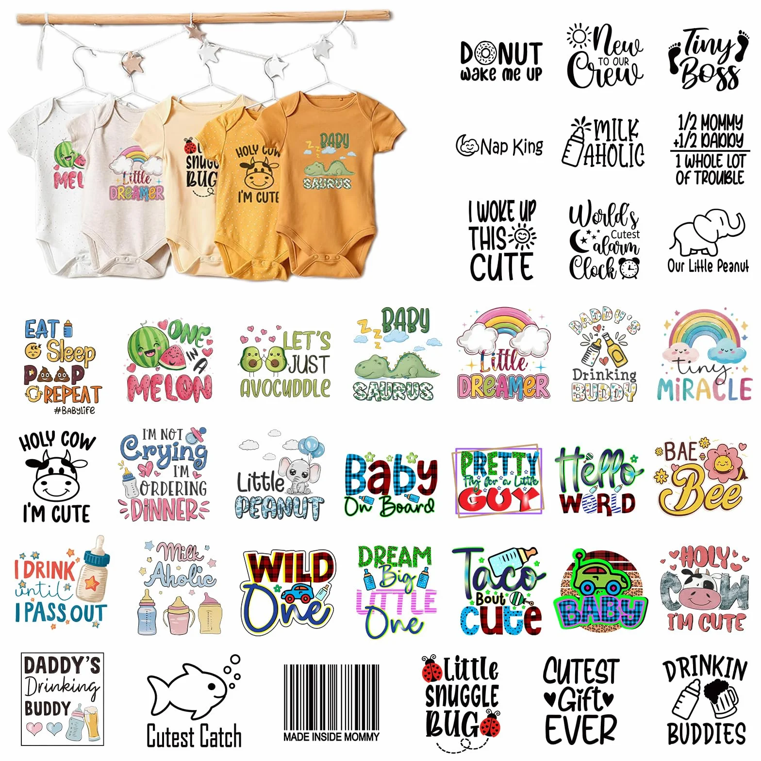 Decoraciones para baby shower, 36 hojas de parches termoadhesivos para ropa, divertidos juegos de baby shower, transferencias DTF, kit de decoración de una pieza listo para apretar para manualidades