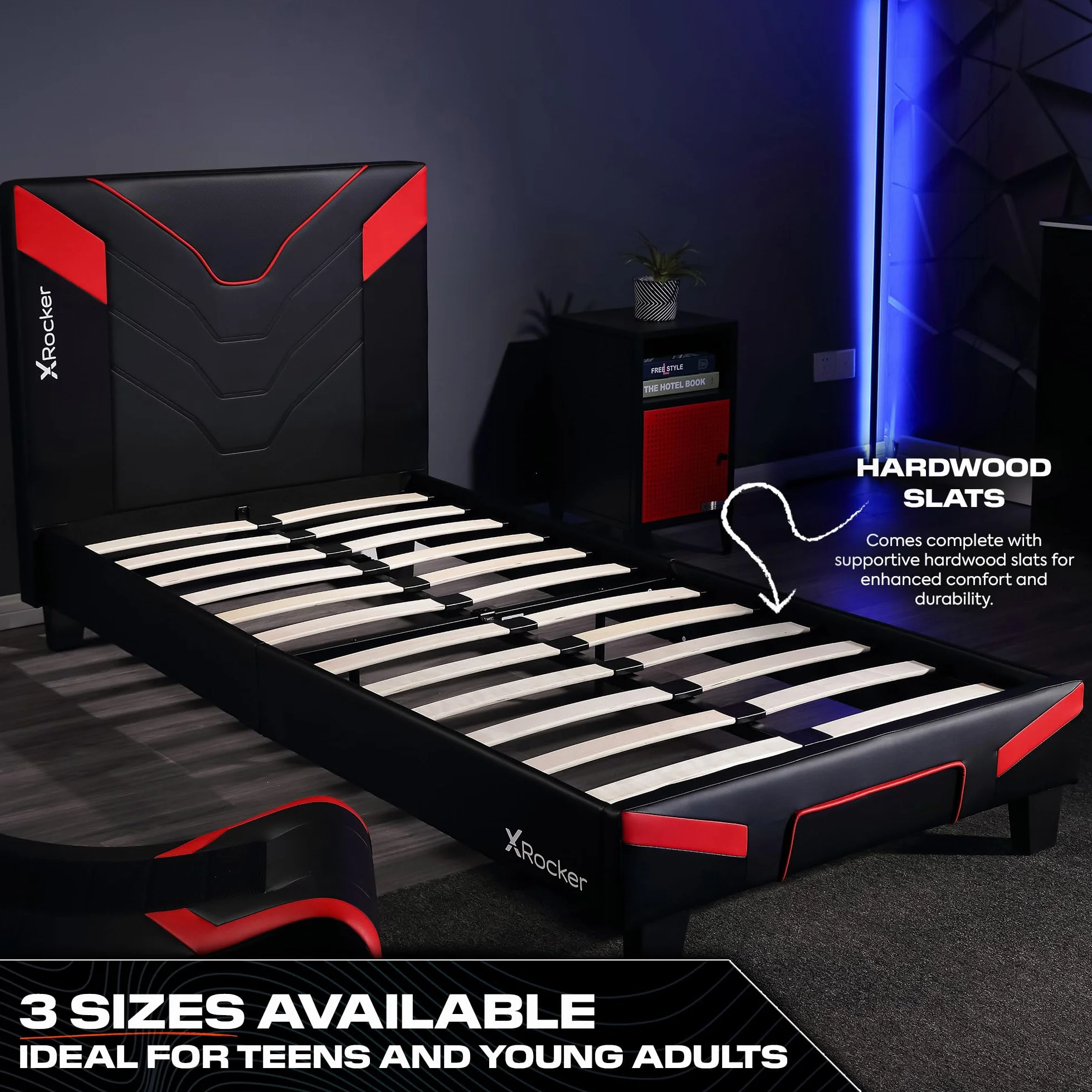X-Rocker Cerberus MKII - Marco de cama individual tapizado para juegos, paquete plano para un fácil montaje, comodidad transpirable, listones de madera, piel sintética fácil de limpiar, para niños y