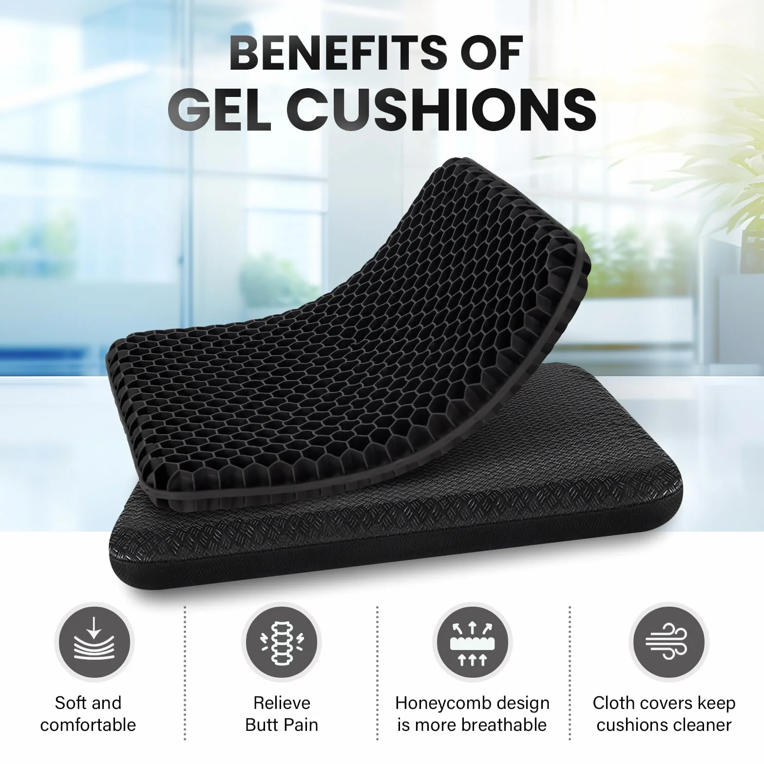Cojin de Gel Grueso Antiescaras Antideslizante Transpirable para Silla Oficina Coche Hogar