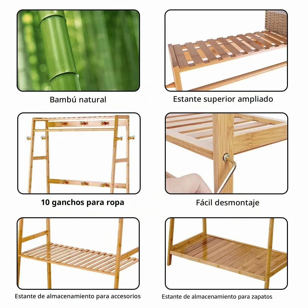 unho Perchero Burro de Bambú Armario Abierto Madera 80x44x165cm 3 Estantes 10 Ganchos