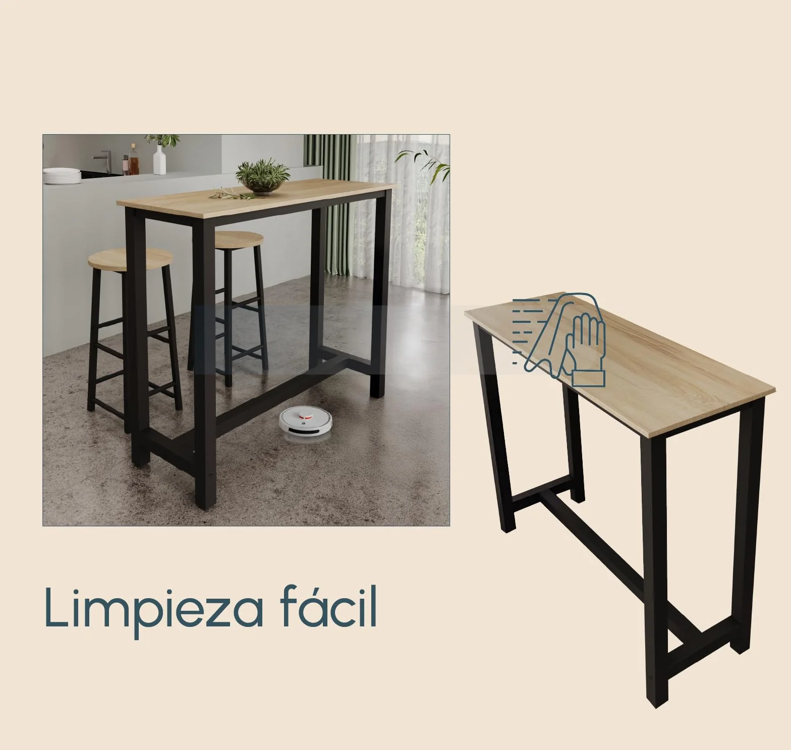 MB Muebles Bonitos | Mesa Alta de Cocina | Estilo Industrial | Modelo Ani | Barra de Cocina Estrecha y Desayunador | Patas de Metal y Melamina Mate | Color Negro | 120x100x40 cm
