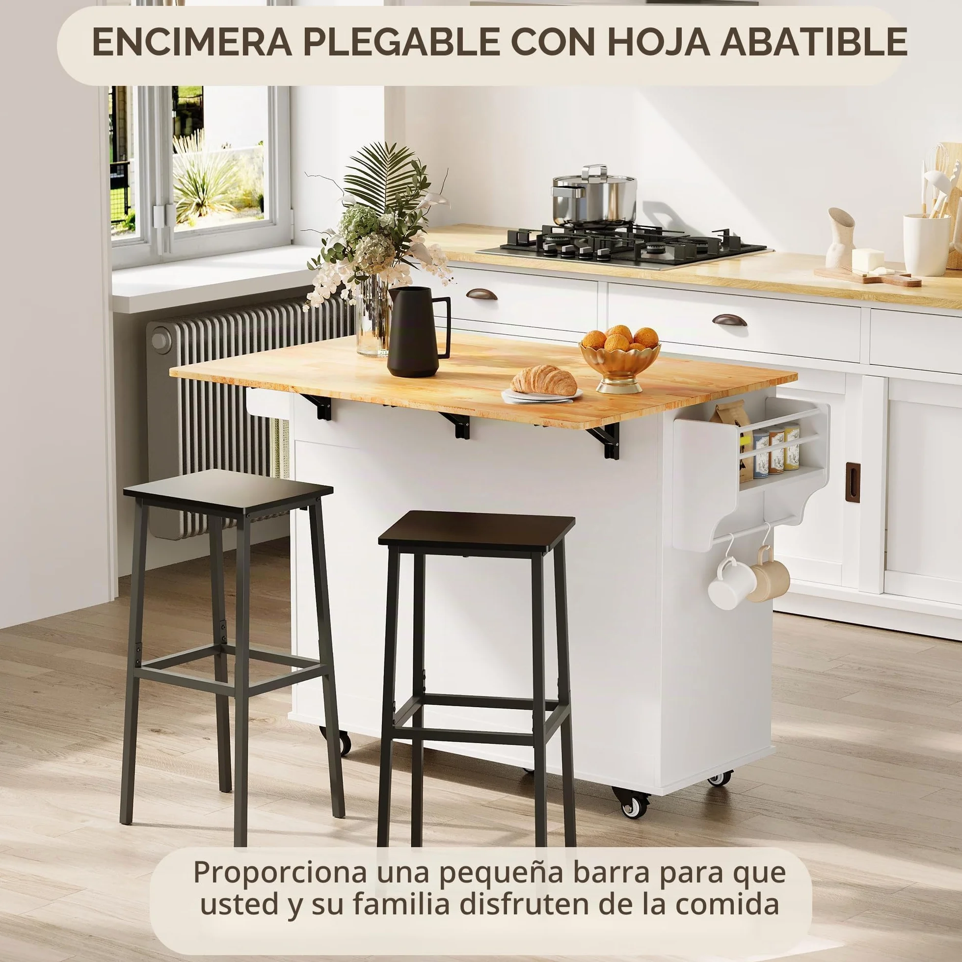 Xbro Isla Cocina con Ruedas, Mueble Auxiliar Cocina con Tablero Abatible, 1 Cajón y Estante, Isla de Cocina Compacta y Versátil, 130 x 75 x 88 cm, Blance