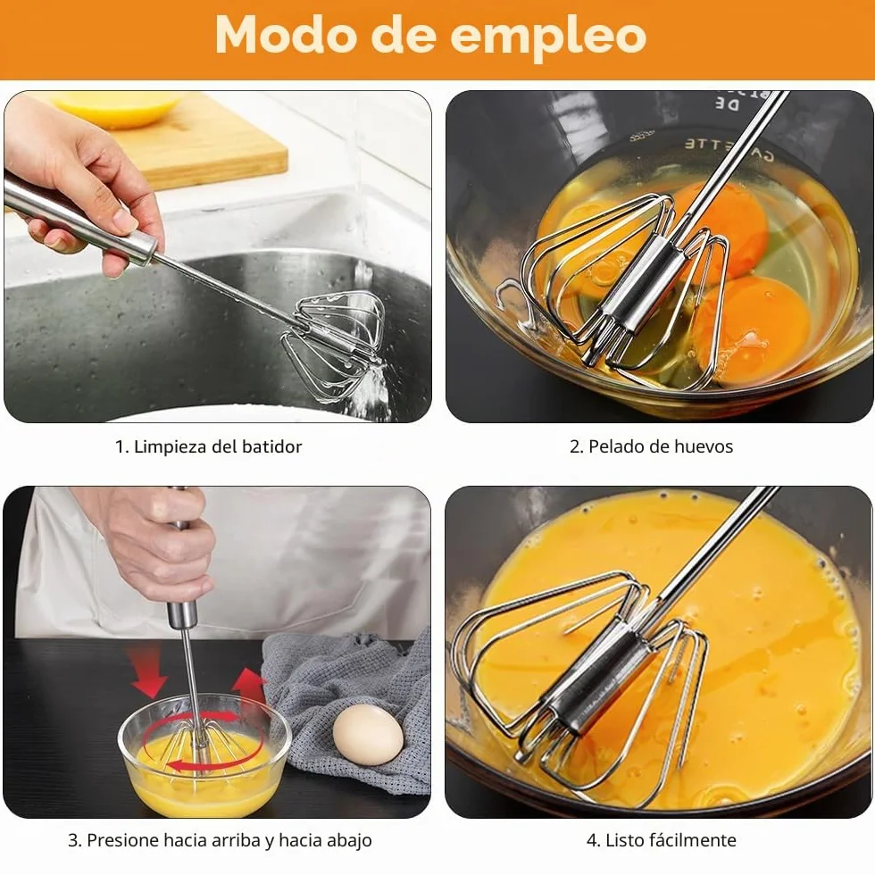 Batidor Semiautomático de Acero Inoxidable 10 Pulgadas, Batidor de Huevos Multifuncional para Cocinar y Hornear