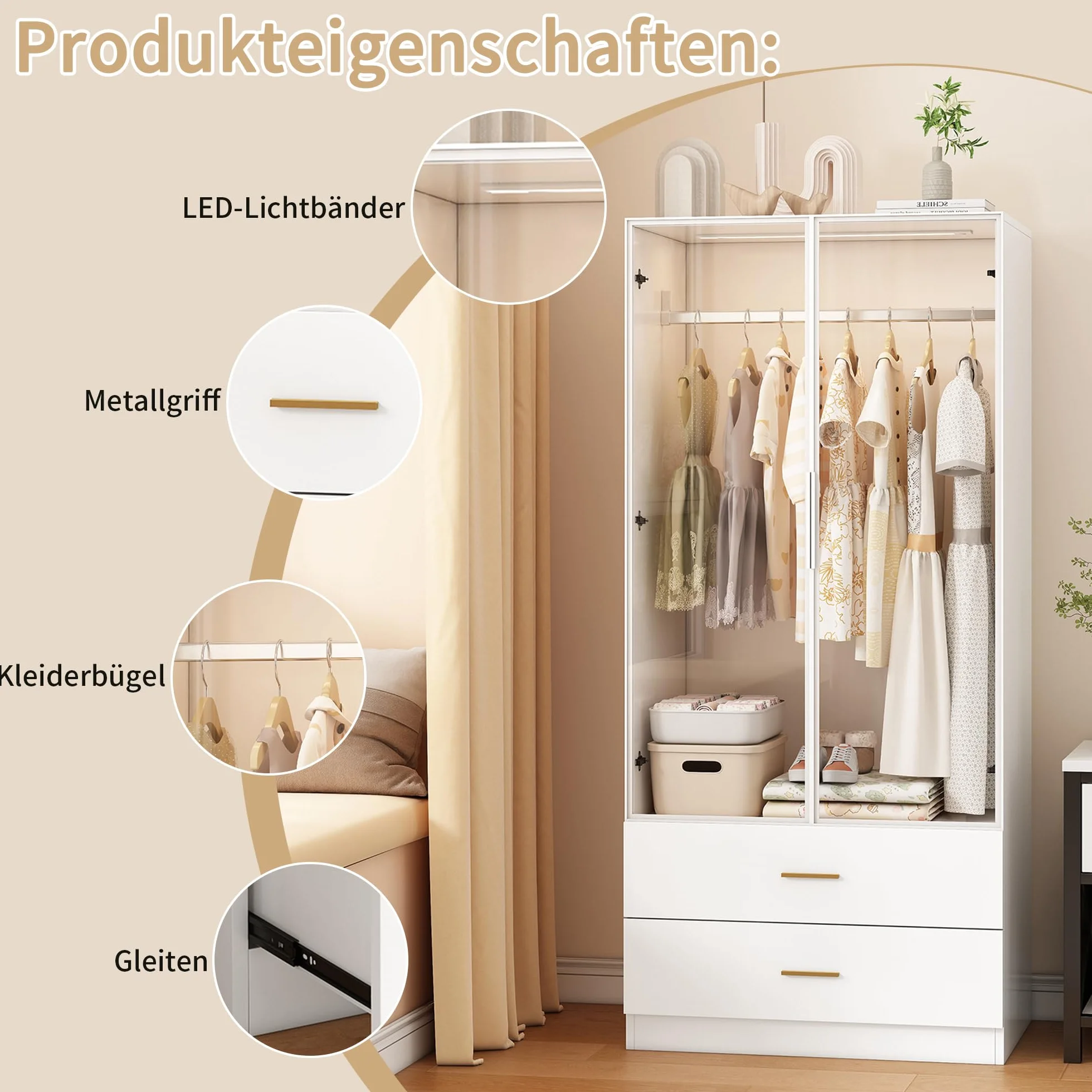 Armario moderno blanco con luz LED y puertas de vidrio 80x50x175 cm MDF