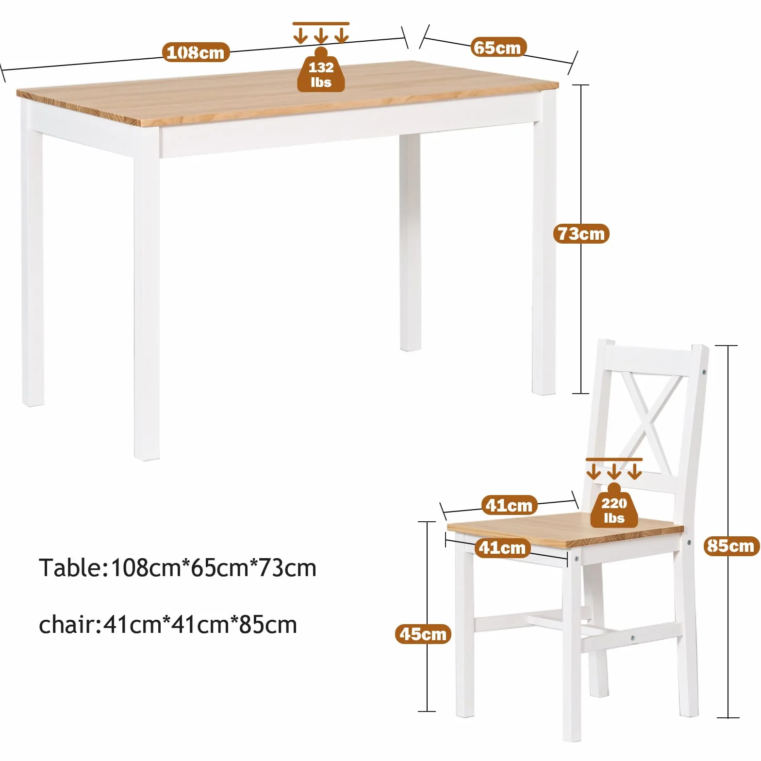sogesfurniture Juego de comedor de 5 piezas, con mesa de comedor, 108 x 65 x 73 cm, y 4 sillas, rectangular, para salón, comedor, color blanco y teca (10QDLC)