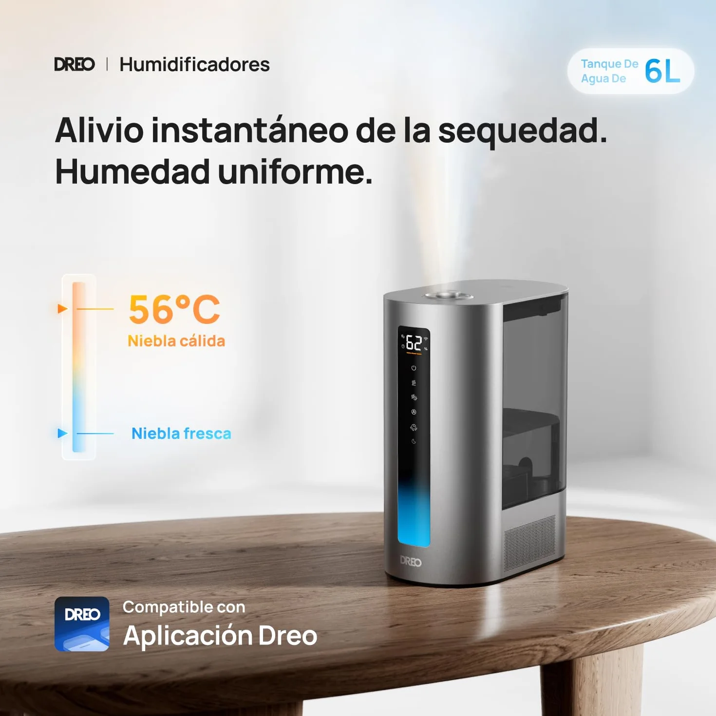 Dreo Humidificador 6L Inteligente Vapor Frío Caliente Silencioso 60 Horas Google Alexa HM713S