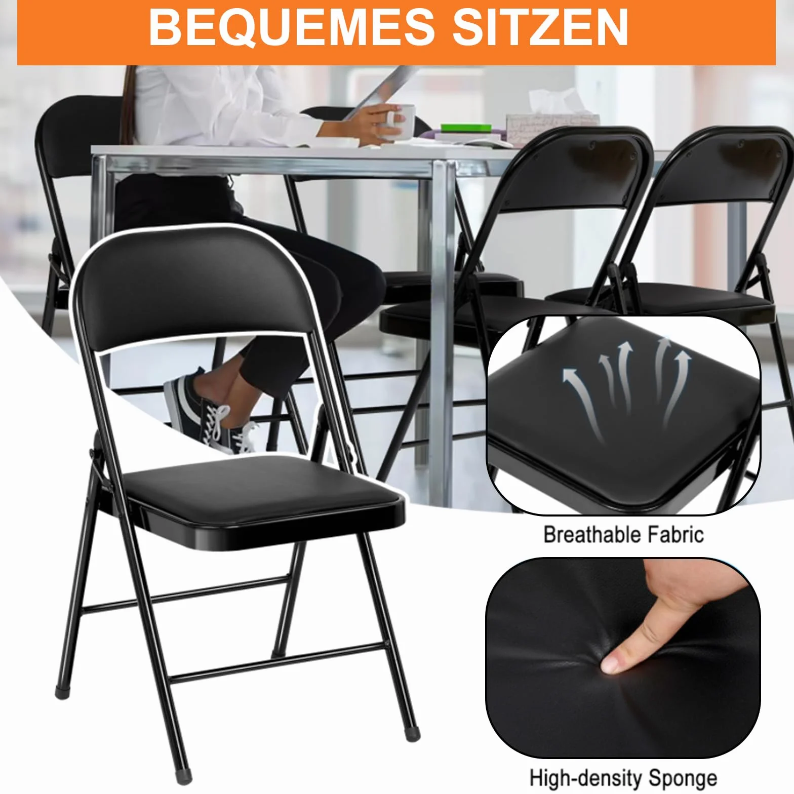 Set de 6 Sillas Plegables –Sillas de Comedor, Jardín, Camping, Plegables, para Balcón, Sala de Estar, Restaurante y Conferencias, Ergonómicas, hasta 158 kg, Negro