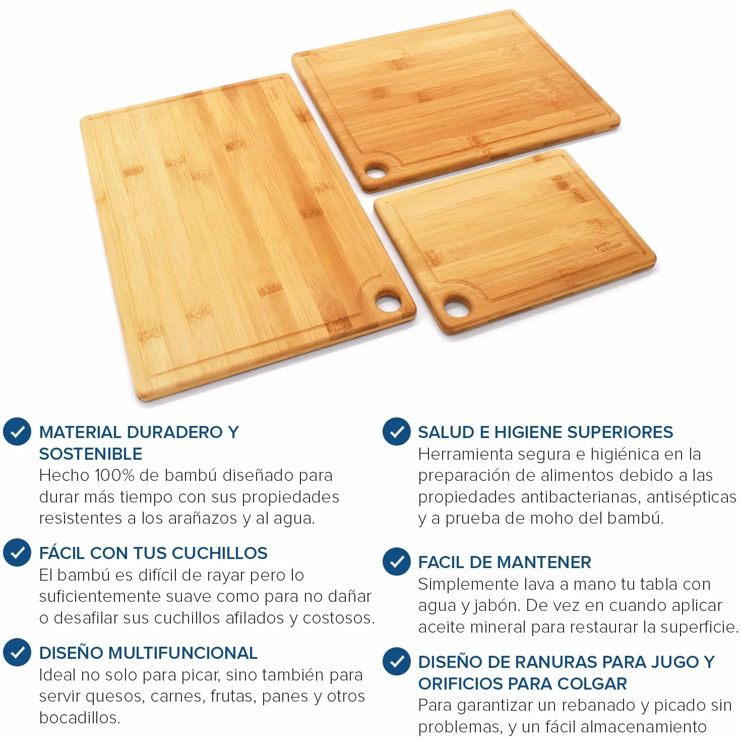 Juego de 3 Tablas de Cocina de Madera Bambú con Ranura y Agujero para Colgar - Antimicrobiano Natural