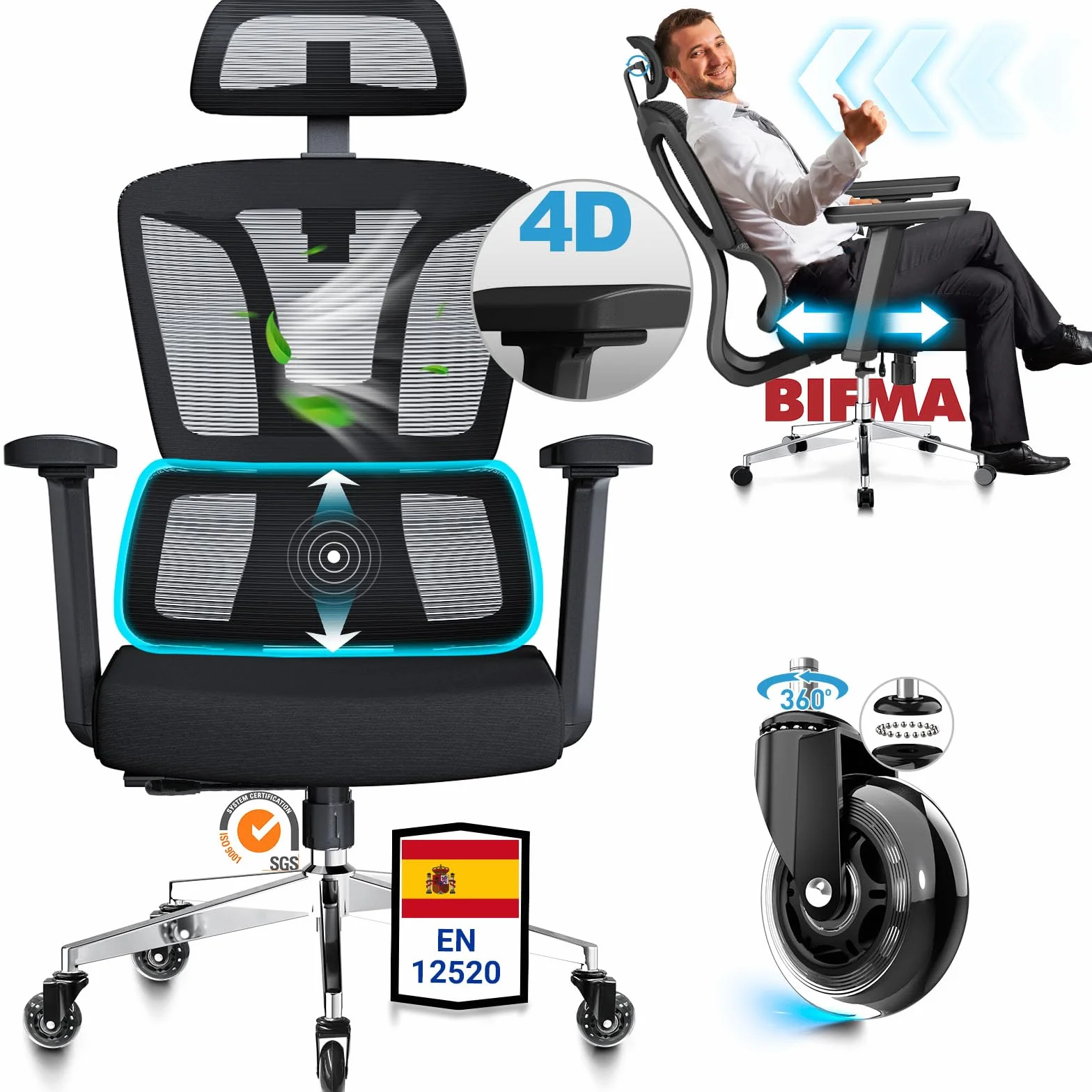 MELOKEA Silla de Oficina Ergonómica, Reposabrazos 4D, Asiento Ajustable, Reposacabezas 3D, Ruedas de Goma, 200KG