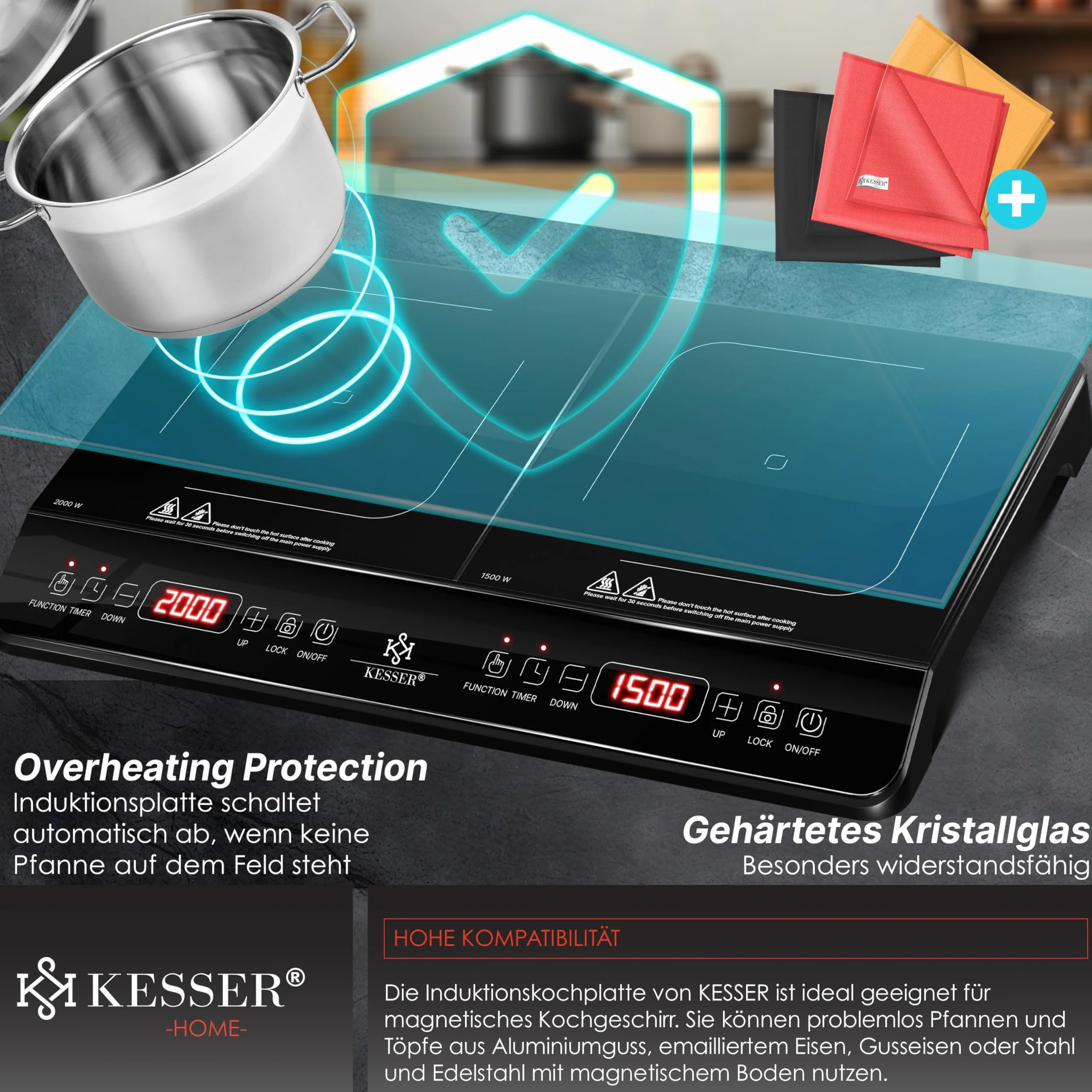 KESSER® Placa de inducción 2 placa 3500W Placa portátil de 57cm + 3 paños de microfibra + 1x libro de recetas, 8 ajustes de calor, temporizador, control táctil, función booster