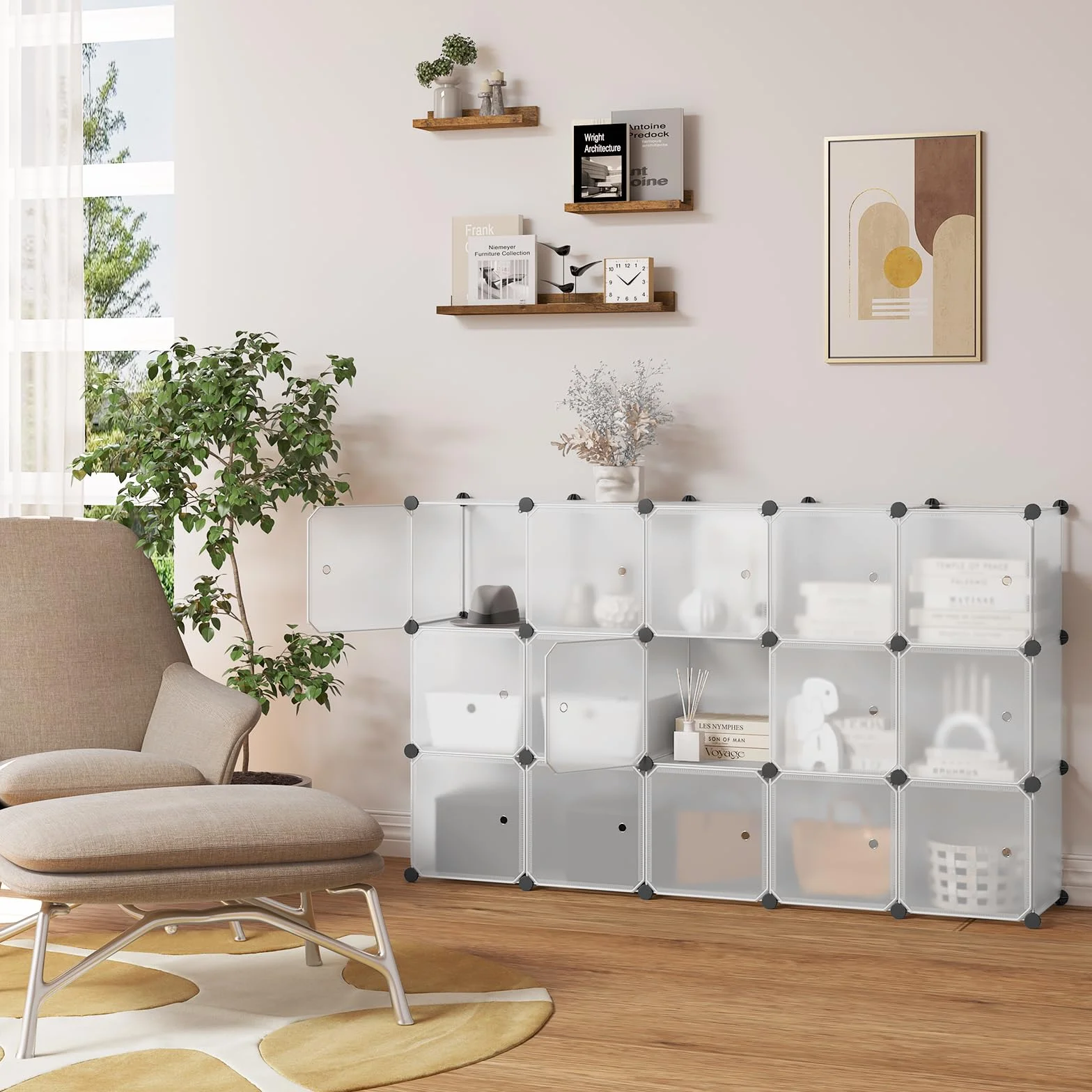 WOLTU Armario Modular de 15 Cubos con Puertas Imán, Estantería Almacenaje Cubos Plástico, Blanco