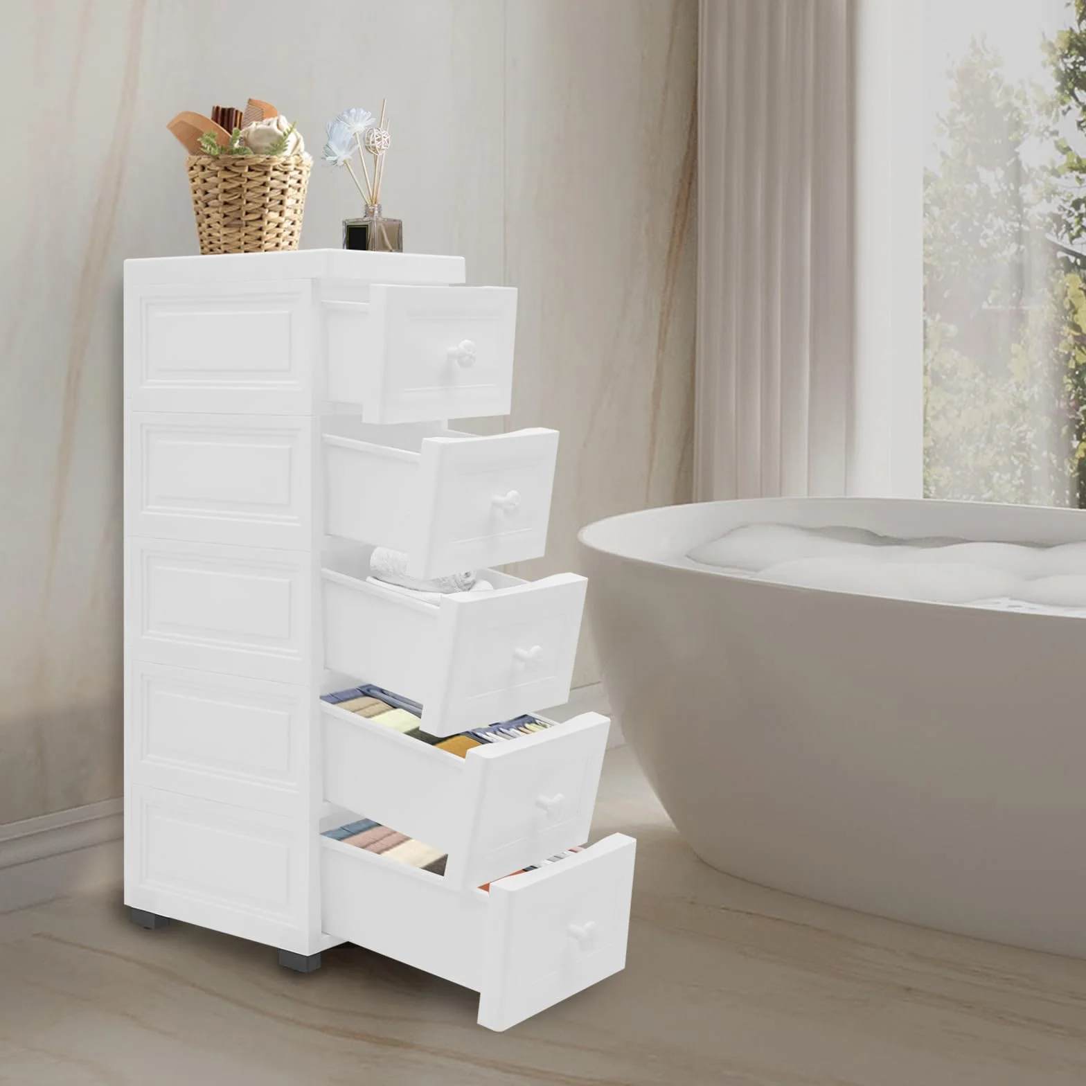 Armario estrecho con 5 cajones, 25 cm de ancho, de polipropileno, con ruedas, armario de baño impermeable para salón, cocina, oficina, blanco