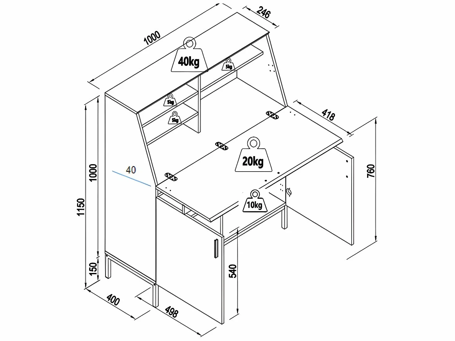 Vente-unique Secretario con 2 Puertas - MDF - Natural y Negro - MALEDA