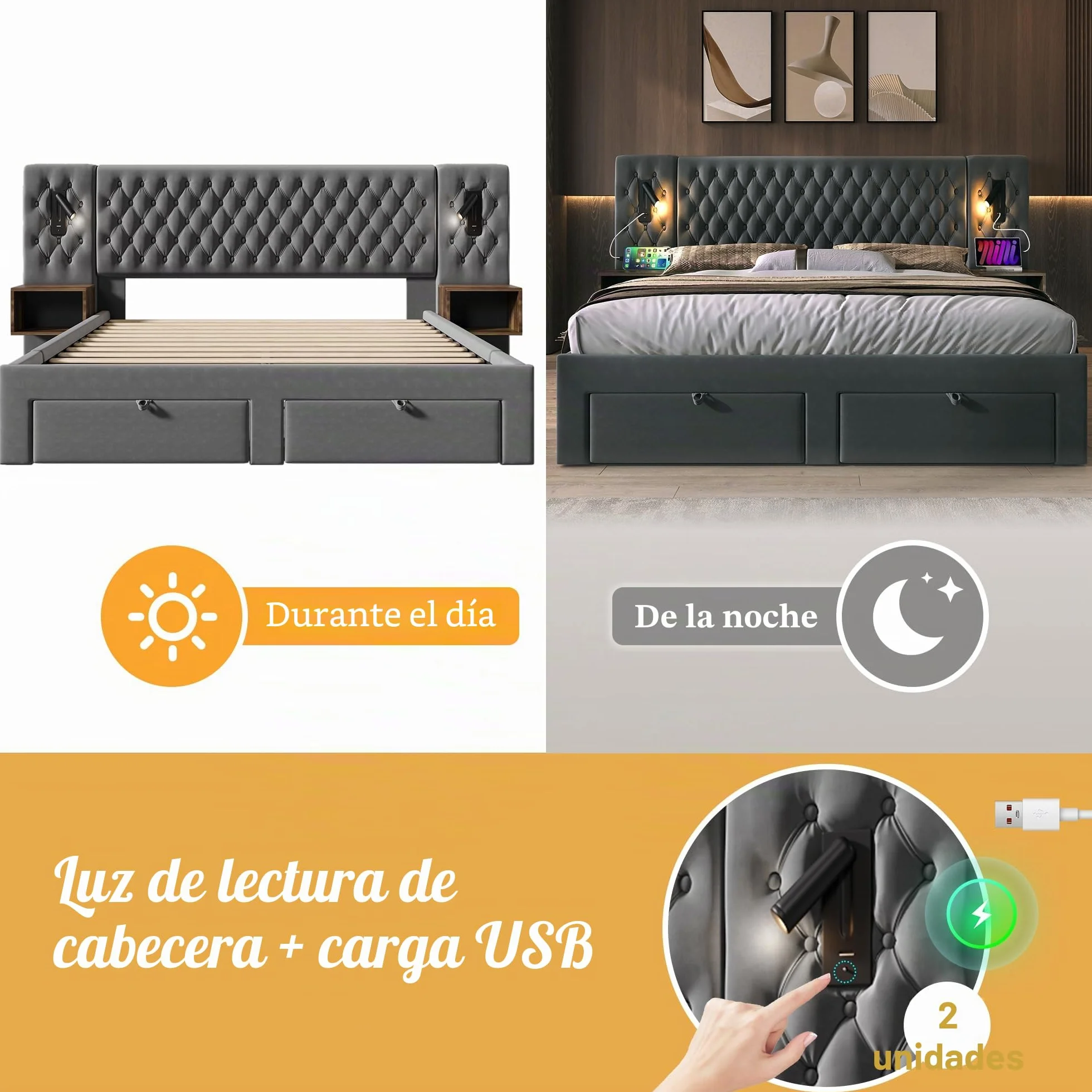 Set completo para dormitorio, cama tapizada matrimonial 180×200 cm con 2 mesitas de noche y 4 cajones, cabecero con luz de lectura y función de carga USB, en terciopelo, sin colchón