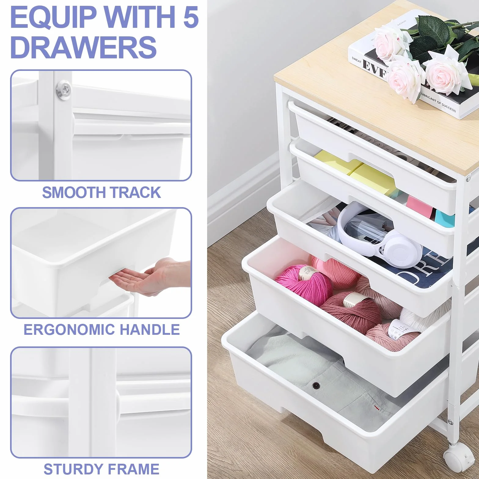 SYKIARIOL Carrito utilitario con 5 cajones, carrito de almacenamiento con mesa de madera y ruedas bloqueables, carrito de almacenamiento de manualidades, carrito de utilidad rodante de 5 niveles con
