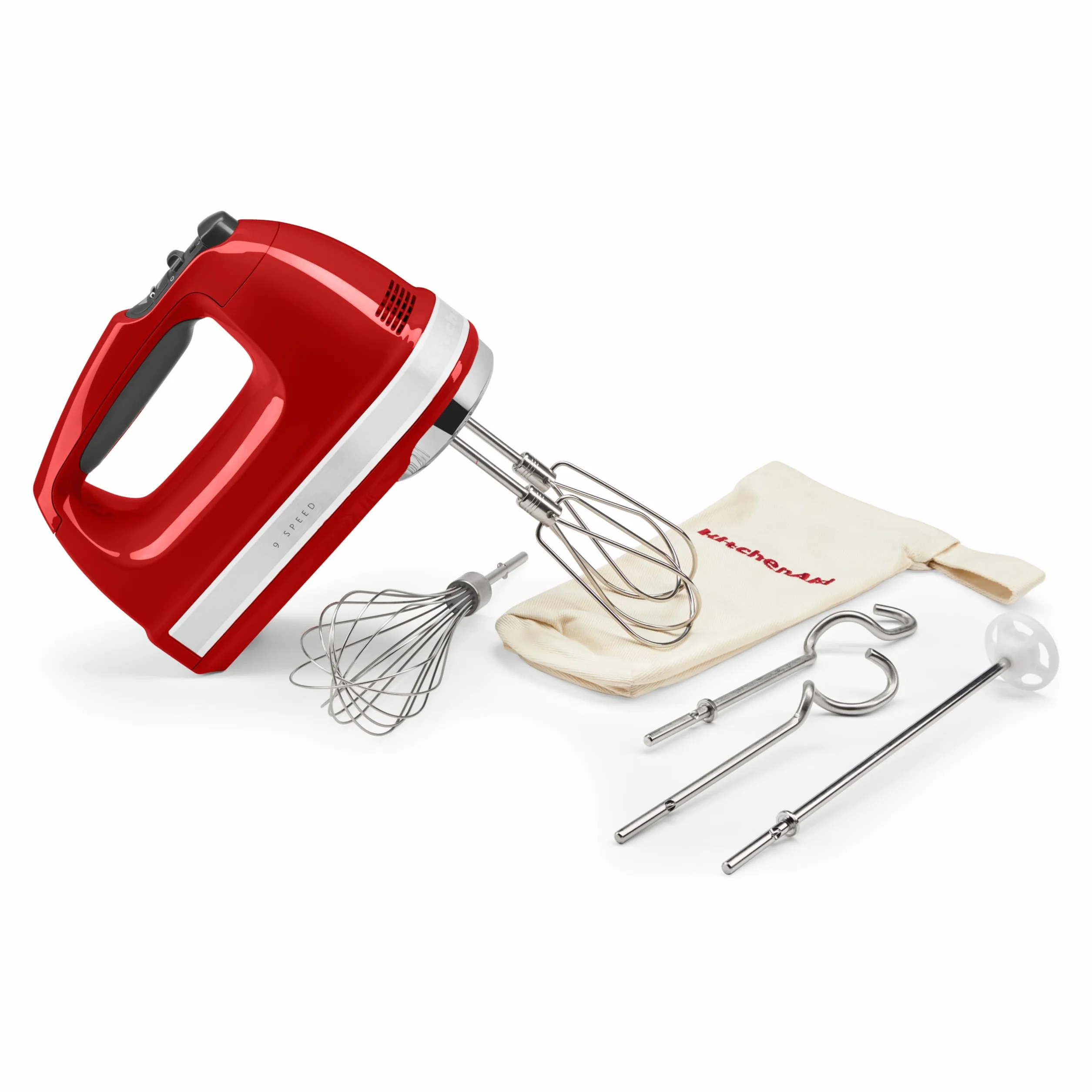KitchenAid 5KHM9212BER Batidora de mano de 9 velocidades, potente motor CC, con 5 accesorios de acero inoxidable (batidores, batidores, ganchos de masa, varilla de mezcla) y bolsa de almacenamiento