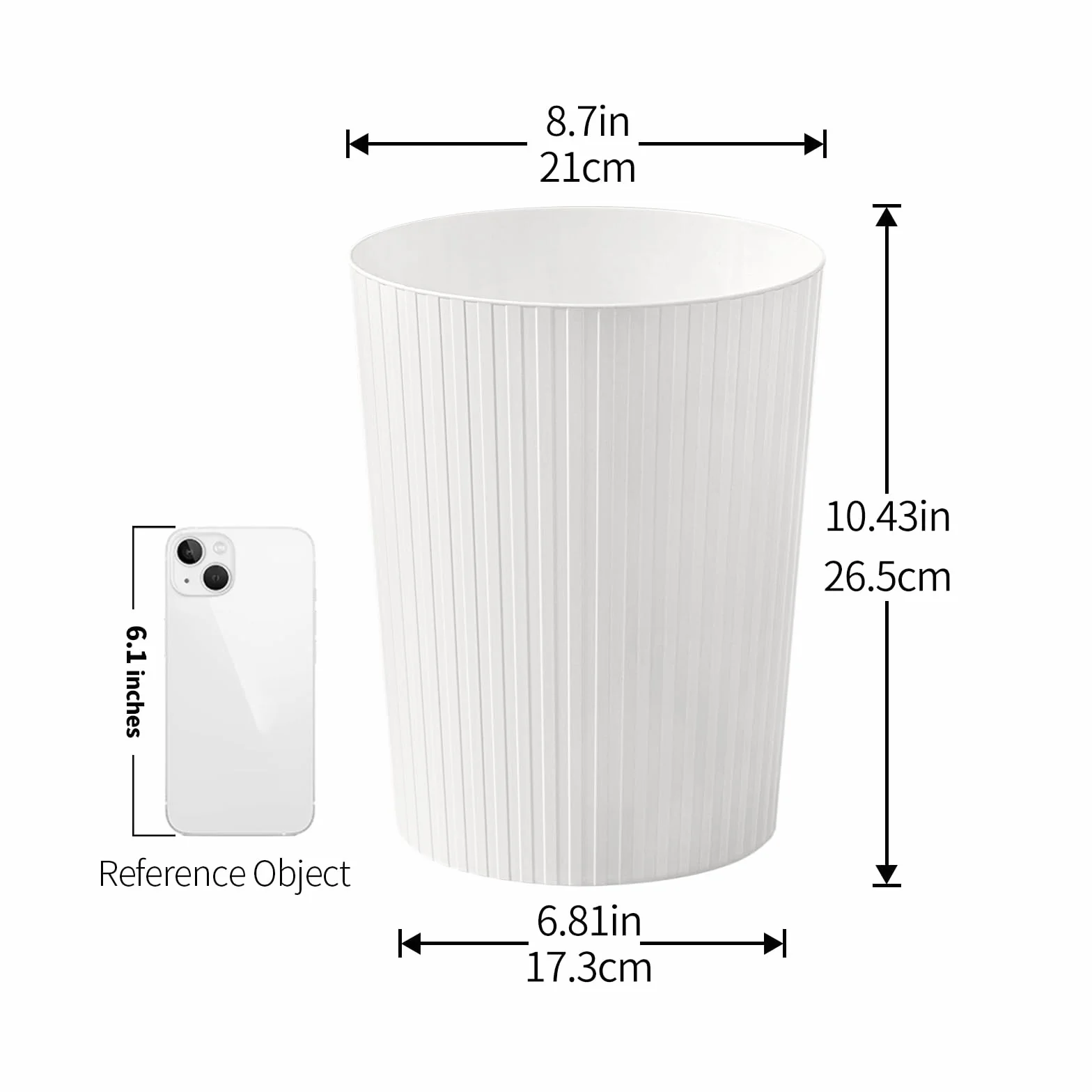 Cetomo 7.2L*3 Papelera de Basura de Plástico, Bote de Basura, Papeleras Pequeñas, Papelera Para Dormitorio, Canasto de Basura Redondo con Raya Sólida, Empilables, Mate, PP, Blanco, 7.2L-3 Unidades