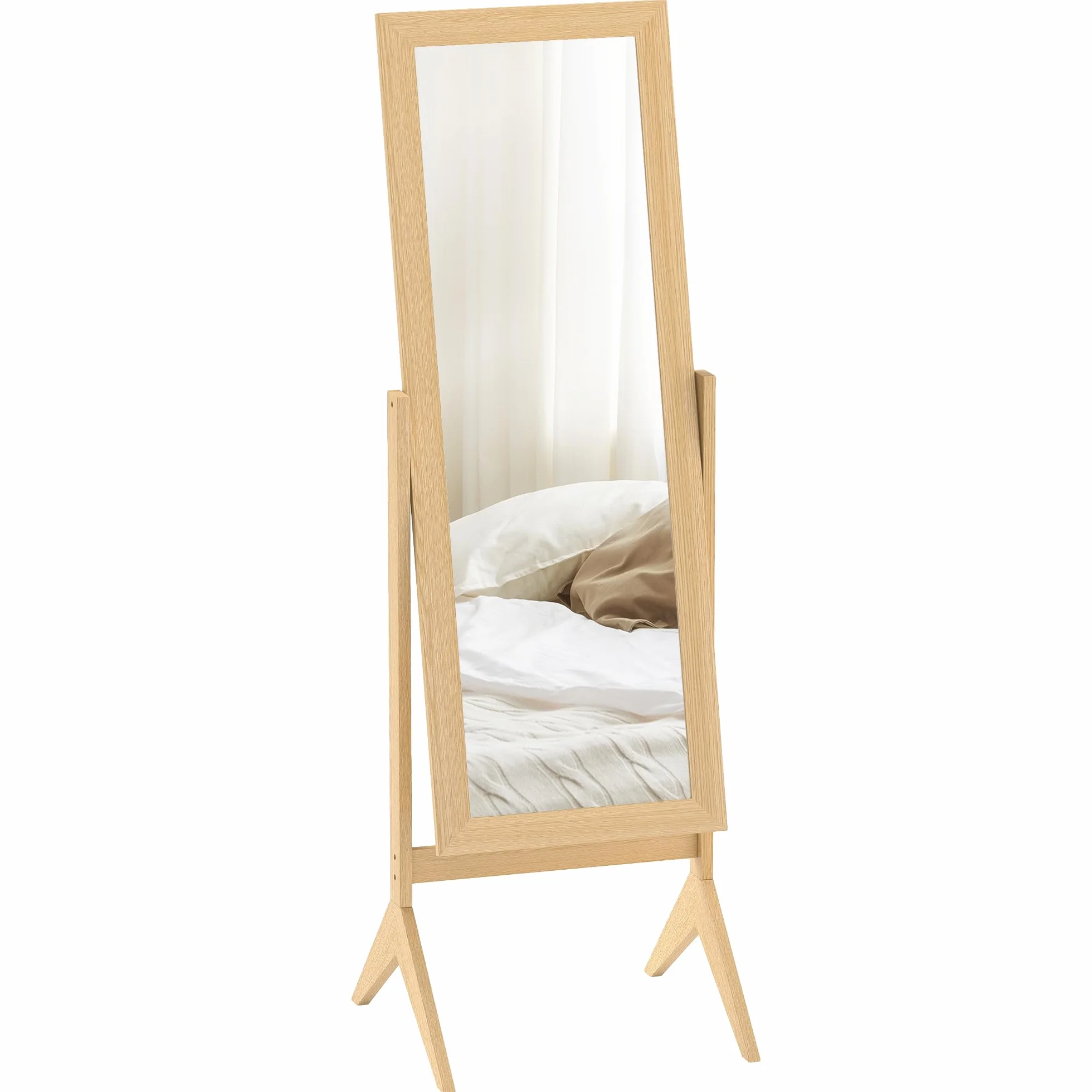 HOMCOM Espejo de Pie Cuerpo Entero Reclinable 47x46x148 cm, Espejo de Cuerpo Entero Independiente con Soporte y Marco Rectangular, para Dormitorio, Salón, Roble